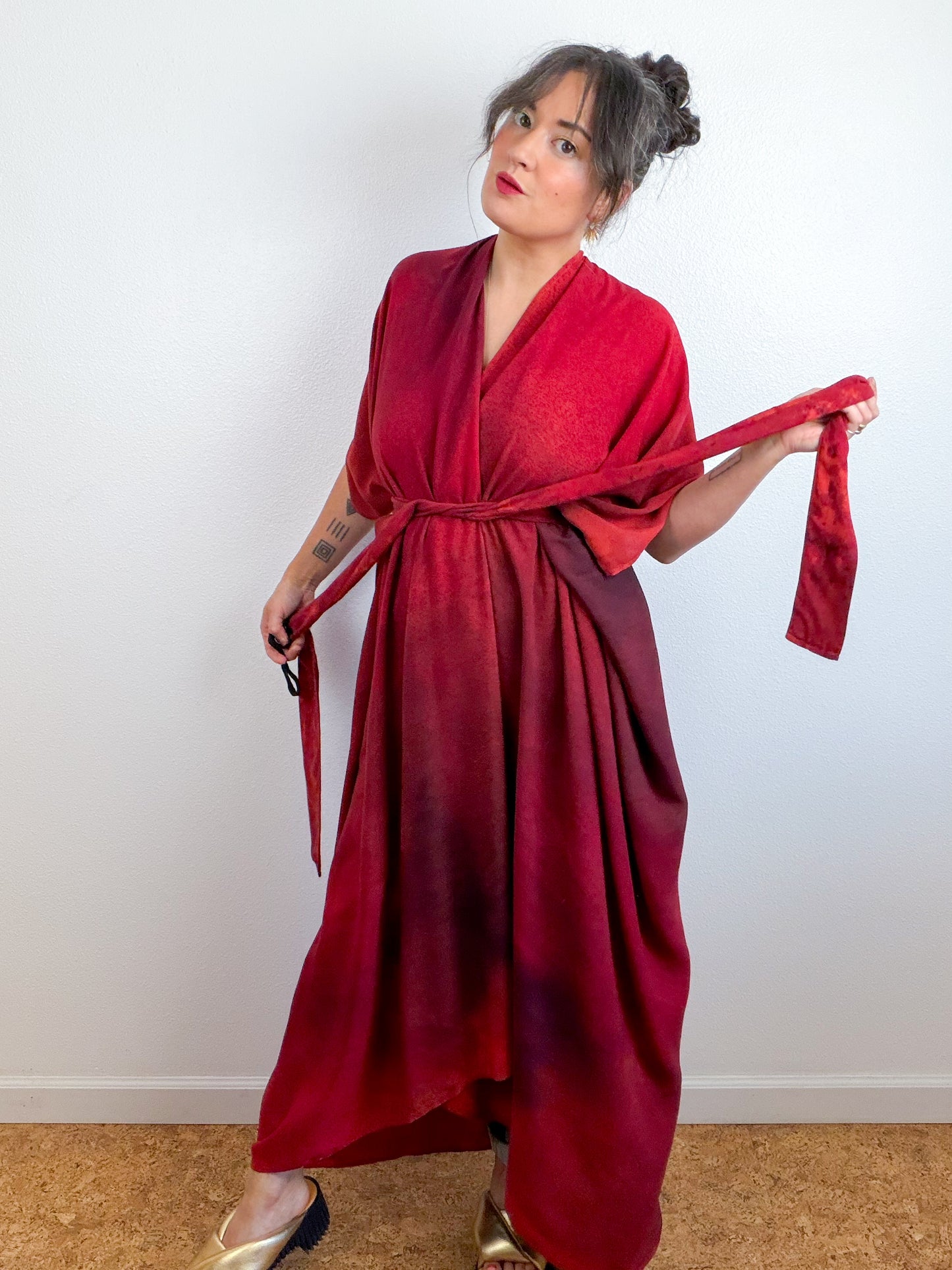 Hand-Dyed High Low Kimono Crimson Fuchsia Maroon Gradient