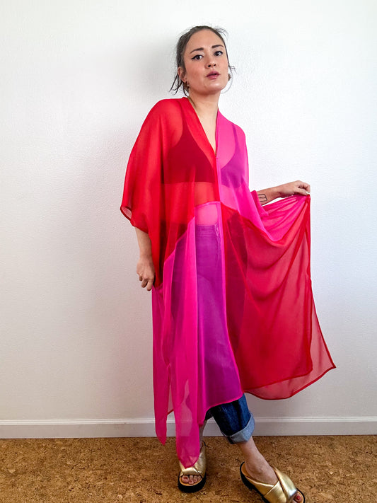 SILK Color Block Midi Caftan Dress Fuchsia Red