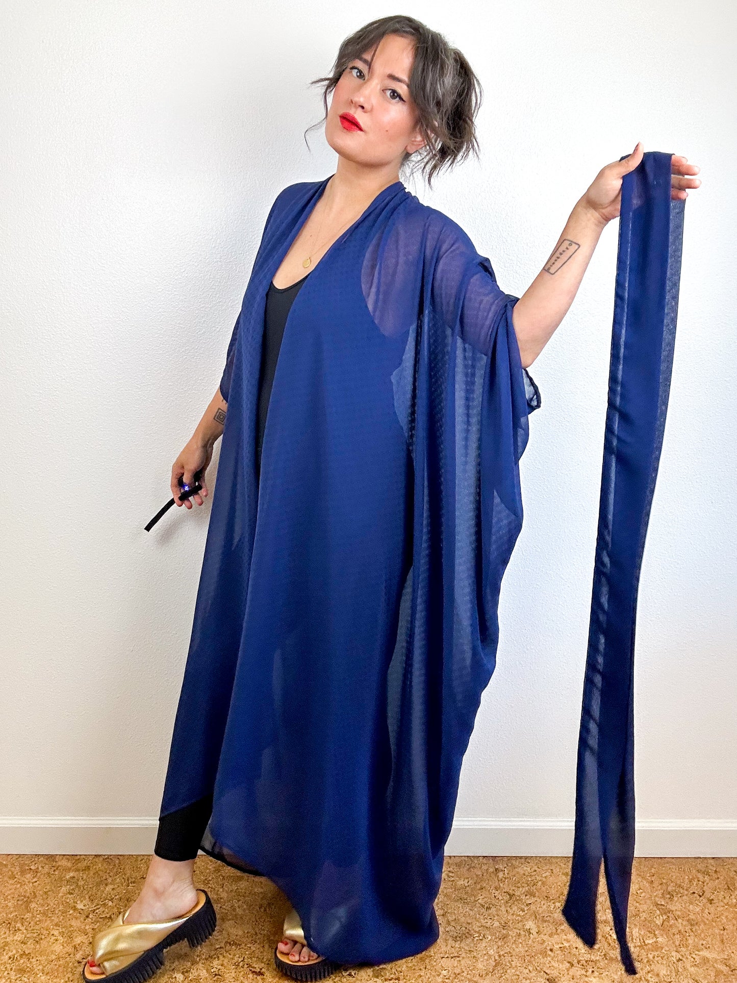 Print High Low Kimono Navy Mini Dots Chiffon