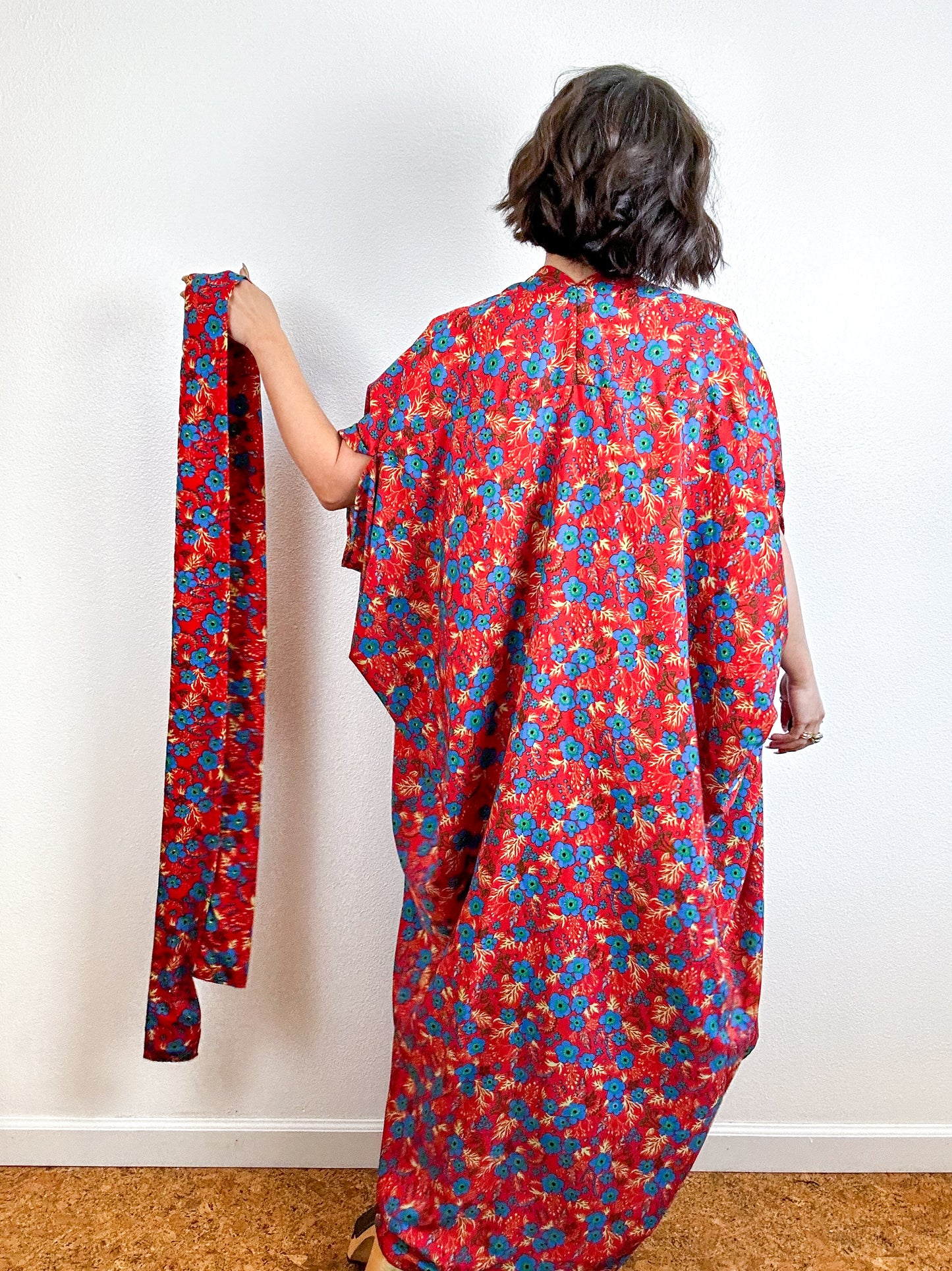 Print High Low Kimono Red Mini Floral Crepe de Chine