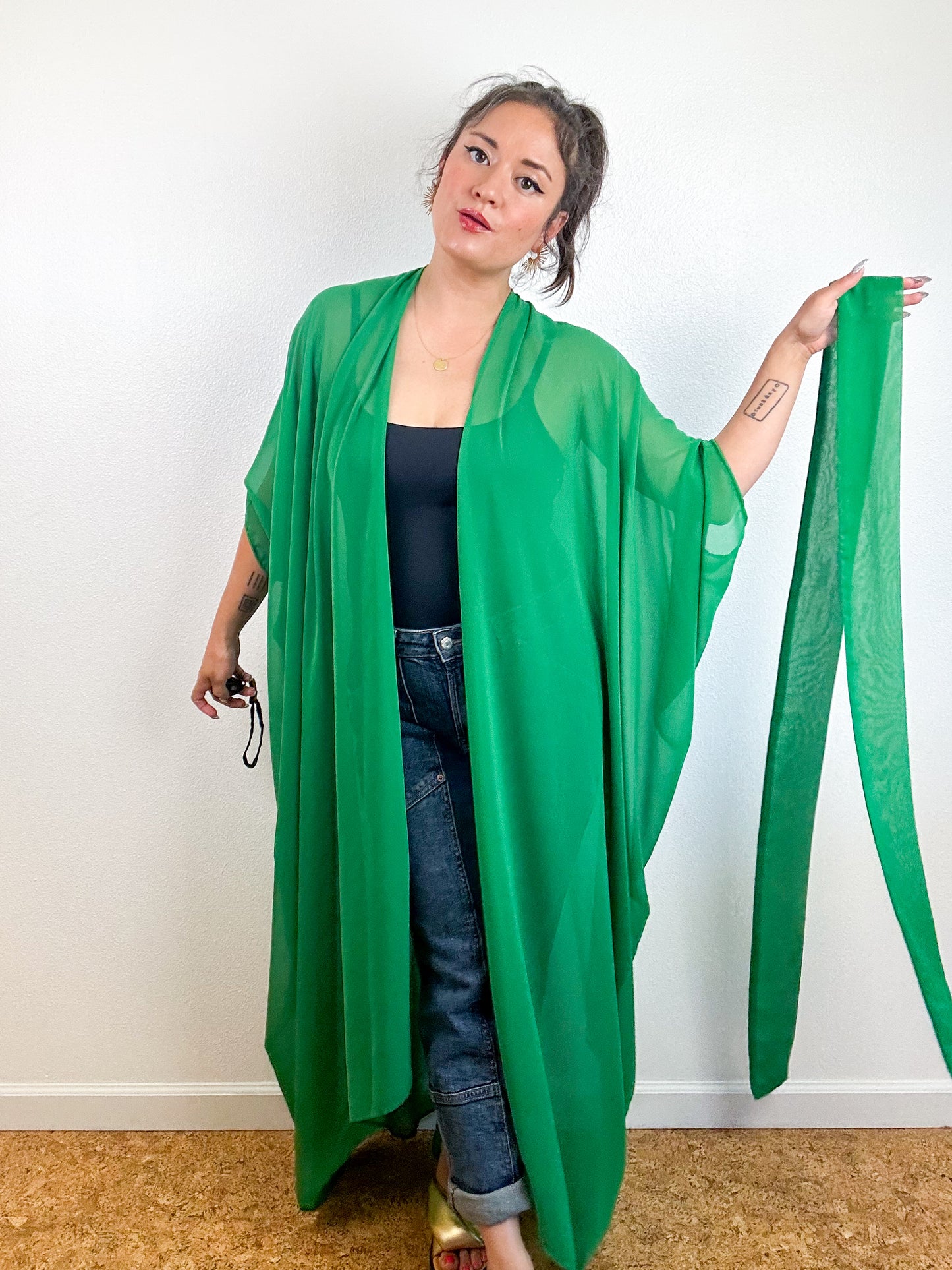 Solid High Low Kimono Kelly Green Chiffon