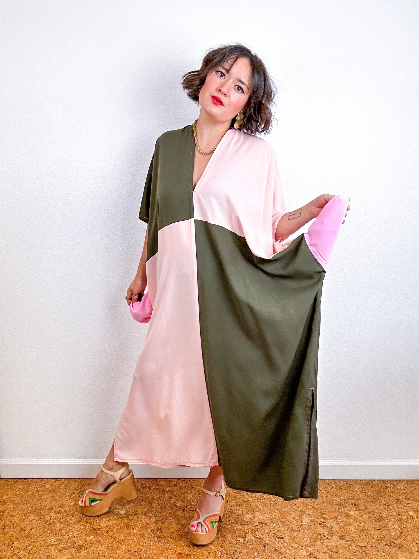 Color Block Midi Caftan Dress Olive Blush