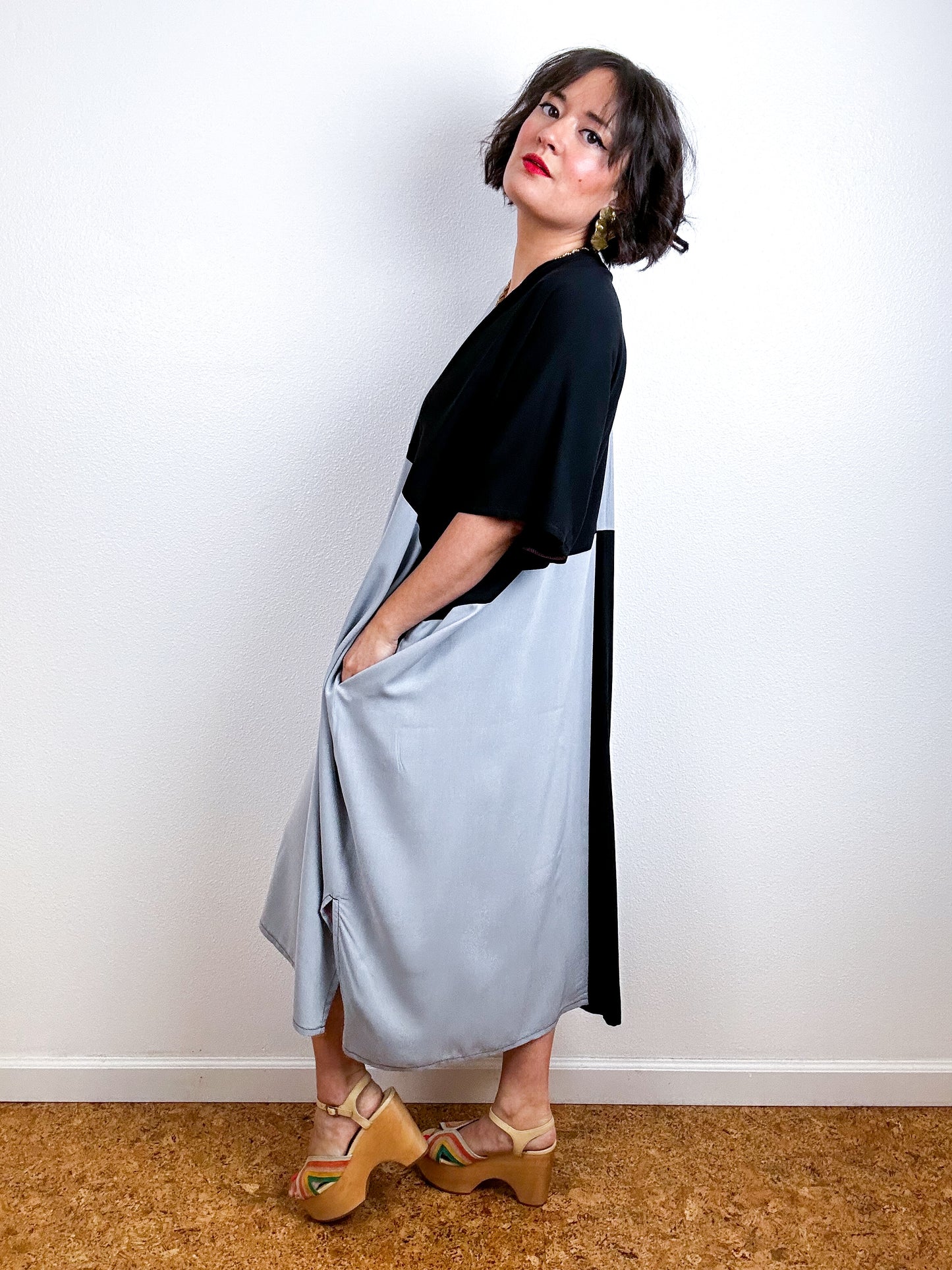 Color Block Midi Caftan Dress Grey Black