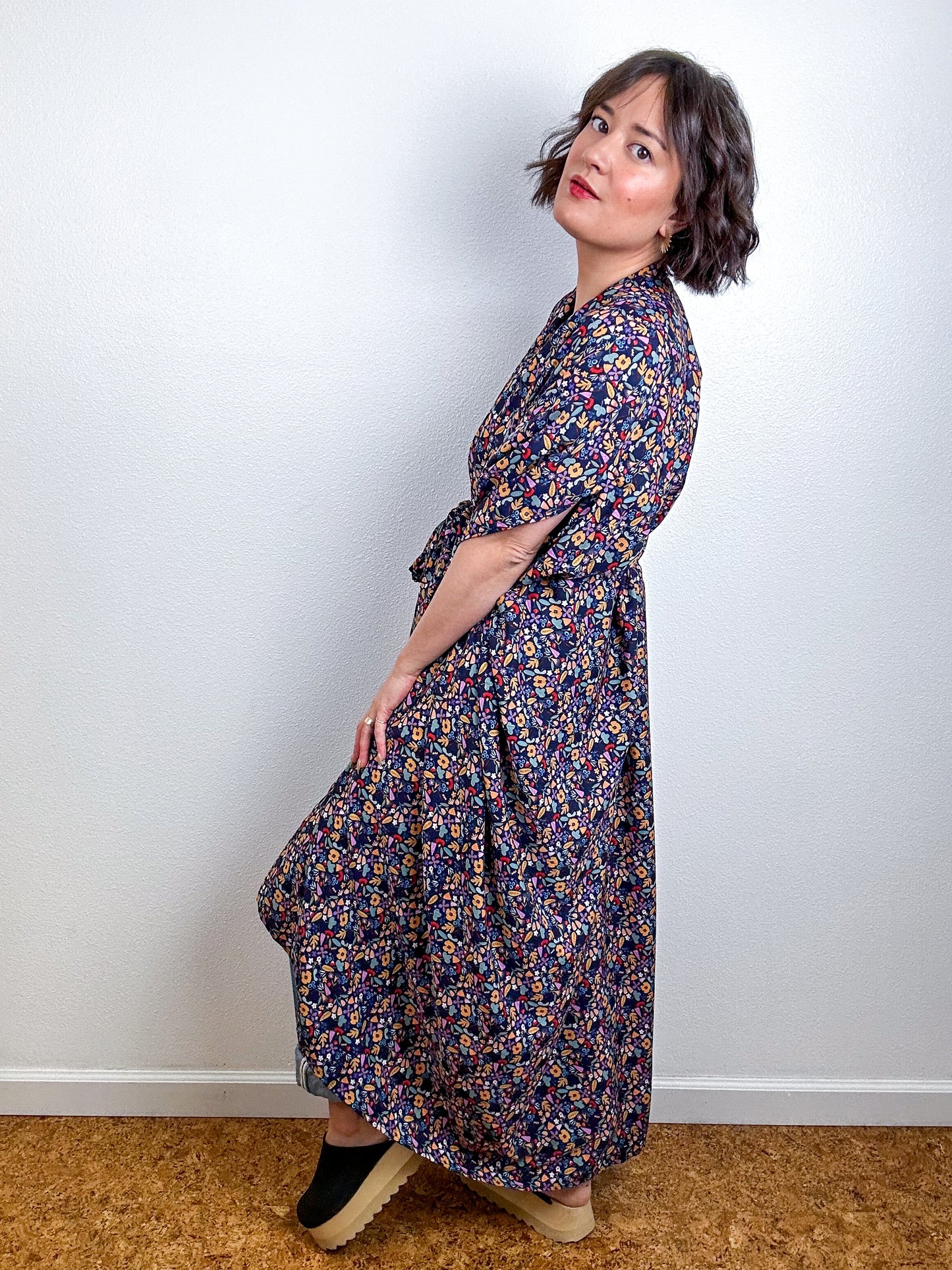 Print High Low Kimono Navy Mini Floral Crepe de Chine