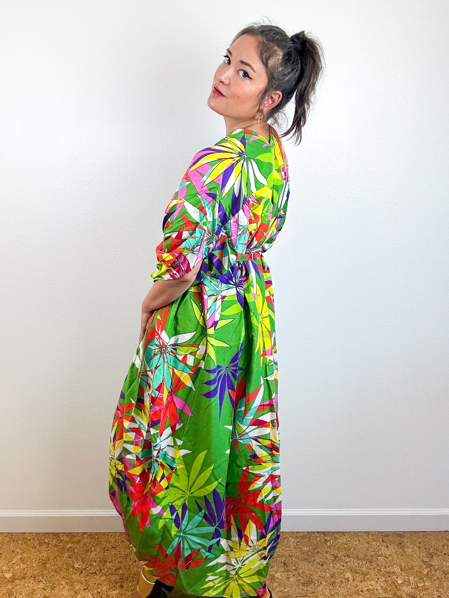 Print High Low Kimono Lime Tropical Challis