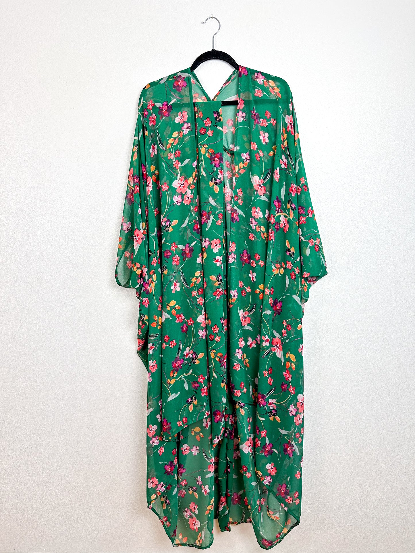 Print High Low Kimono Green Floral Chiffon