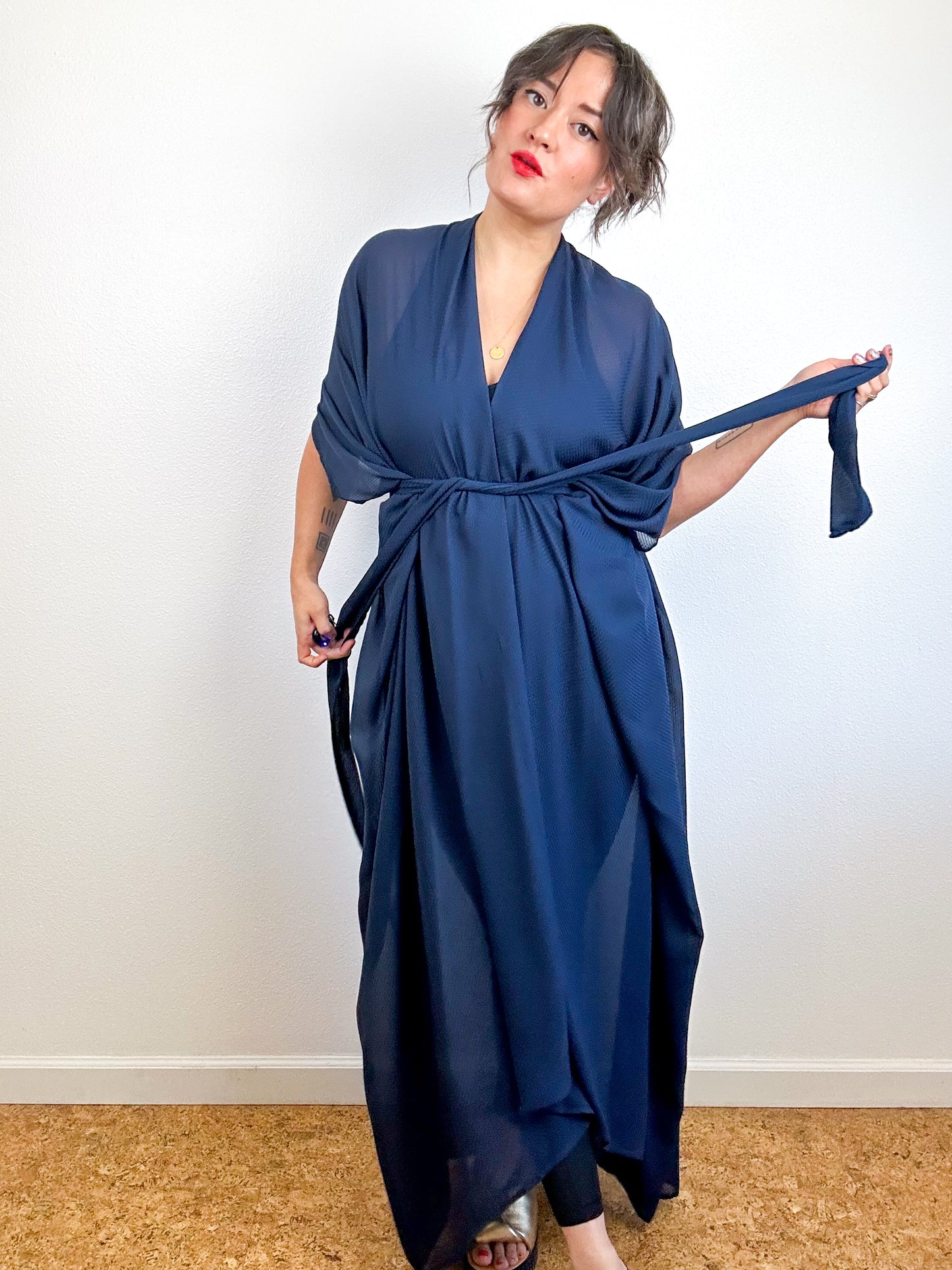 Print High Low Kimono Navy Mini Grid Chiffon