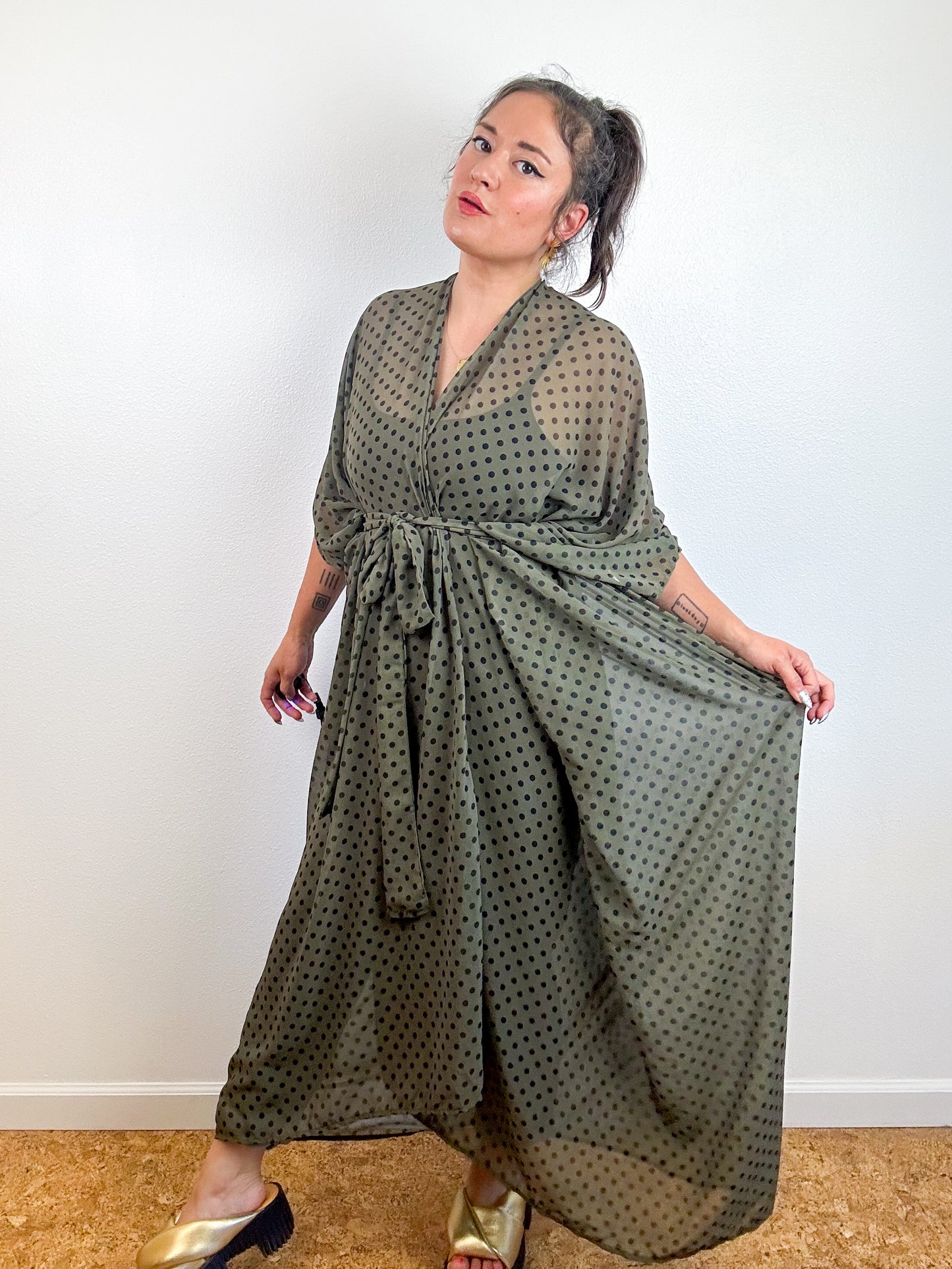Print High Low Kimono Olive Polka Dots Chiffon