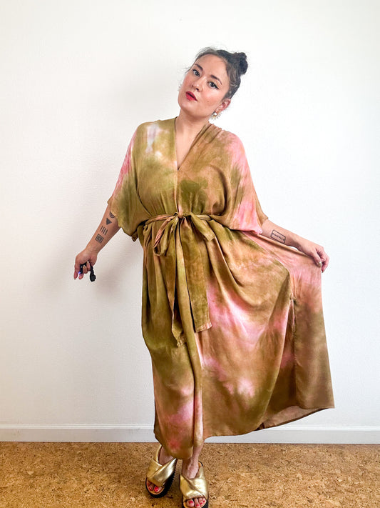 Hand-Dyed Bamboo Tie Caftan Amber Coral Watercolor