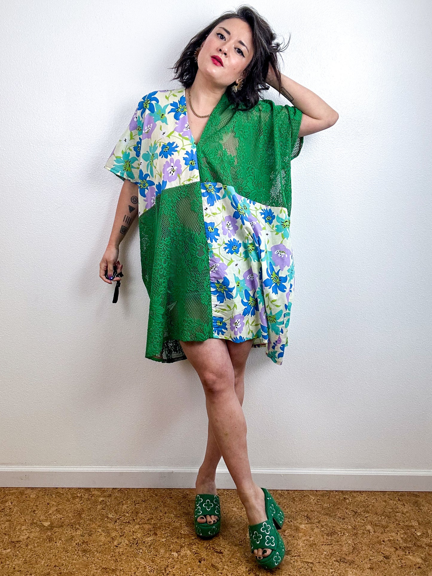 Color Block Mini Caftan Dress Green Lace Blue Floral