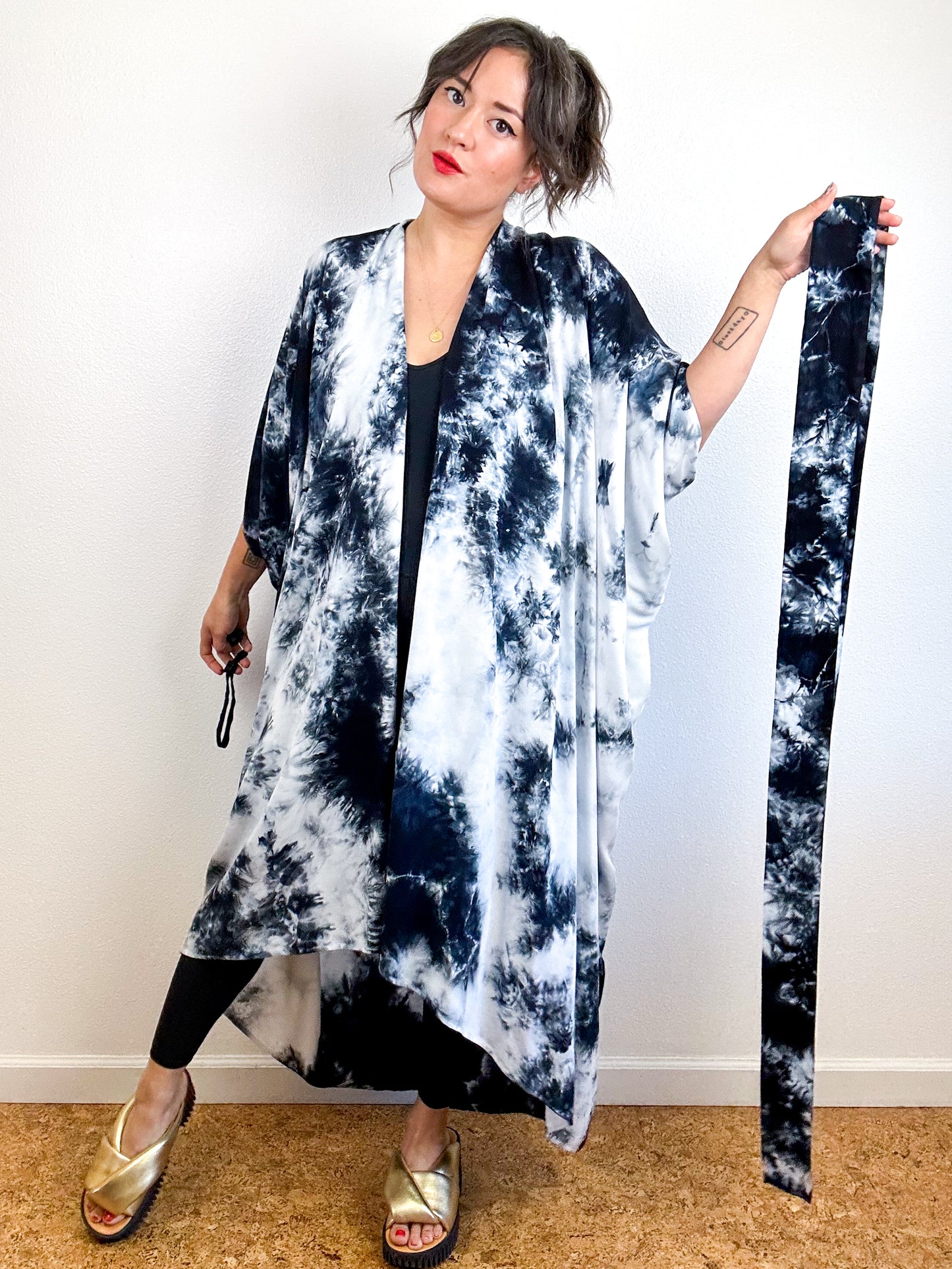 Hand-Dyed High Low Kimono Black Tie
