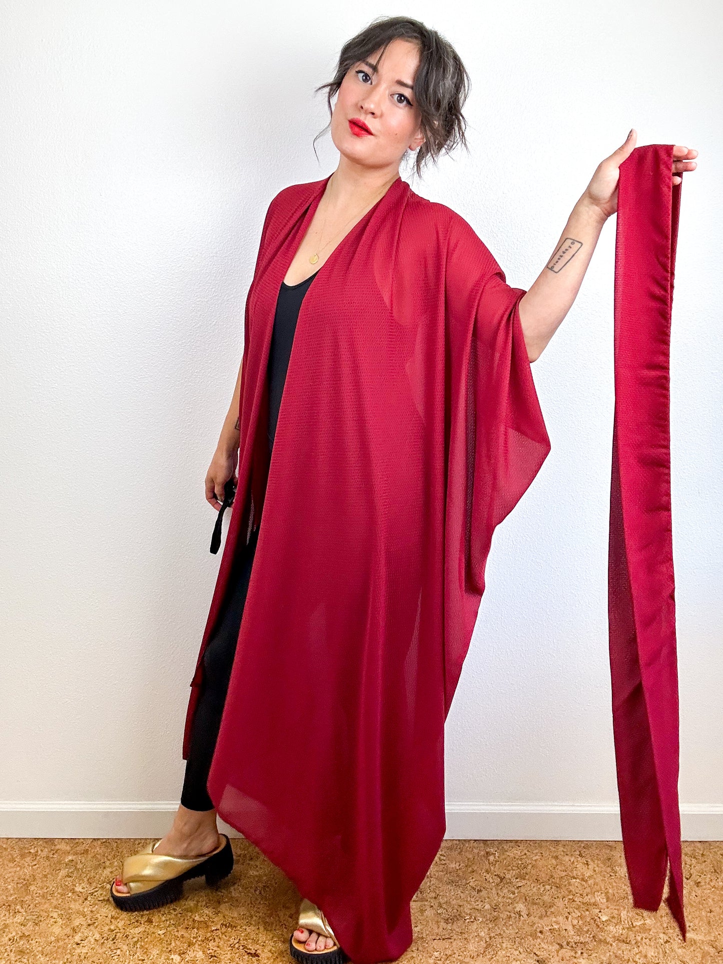 Print High Low Kimono Crimson Mini Grid Chiffon