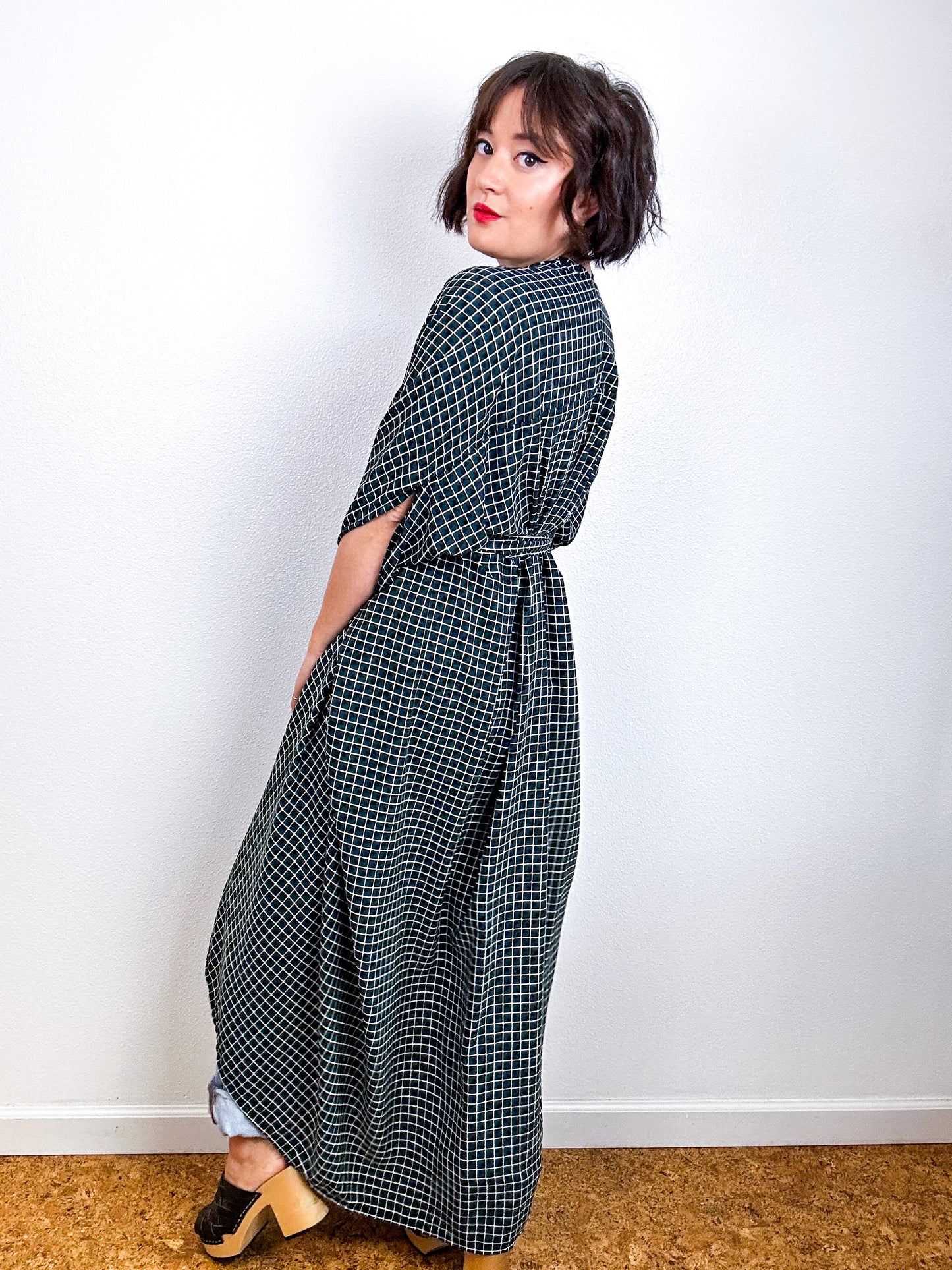 Print High Low Kimono Dark Green Check Georgette