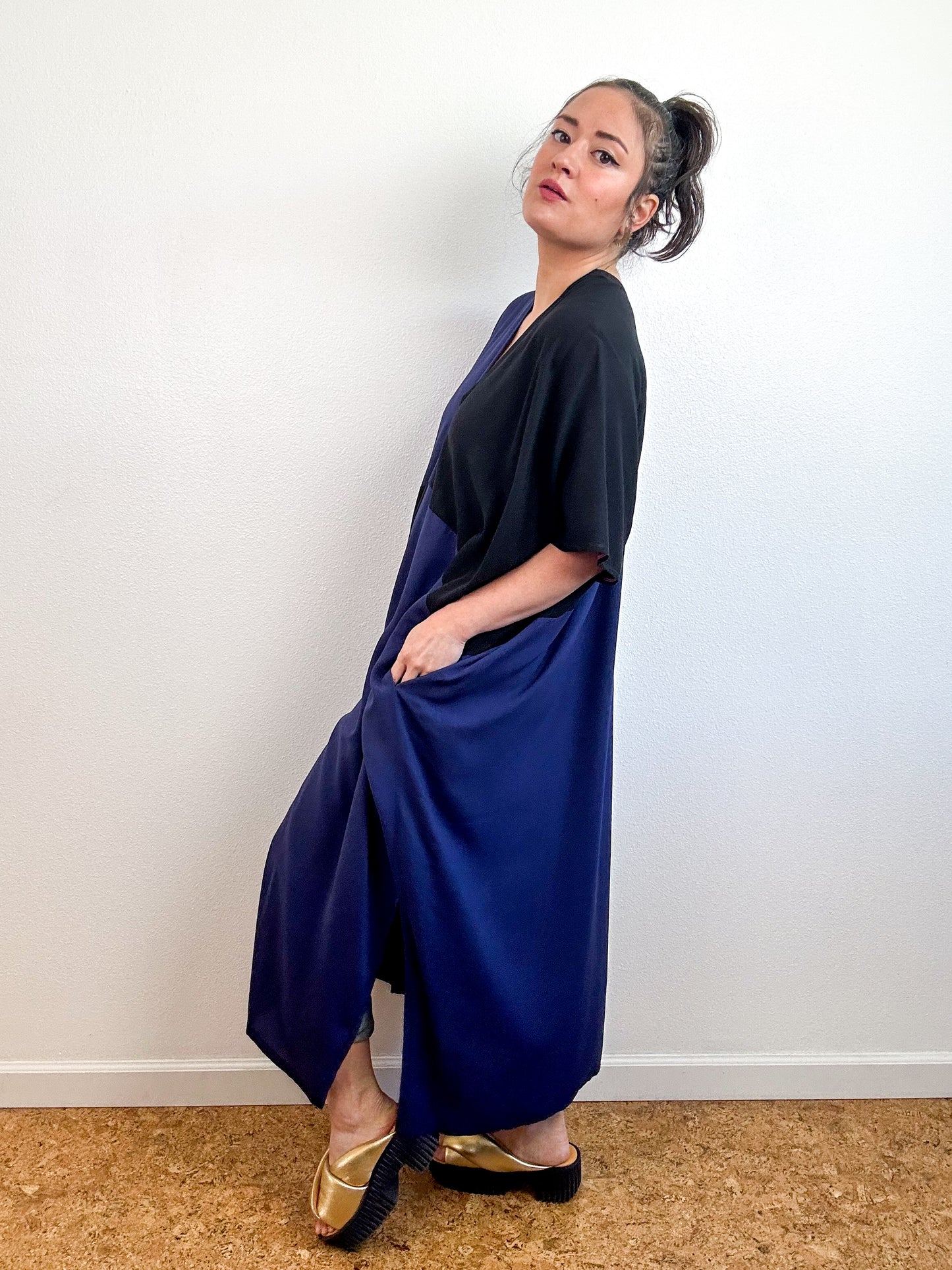 Color Block Midi Caftan Dress Navy Black