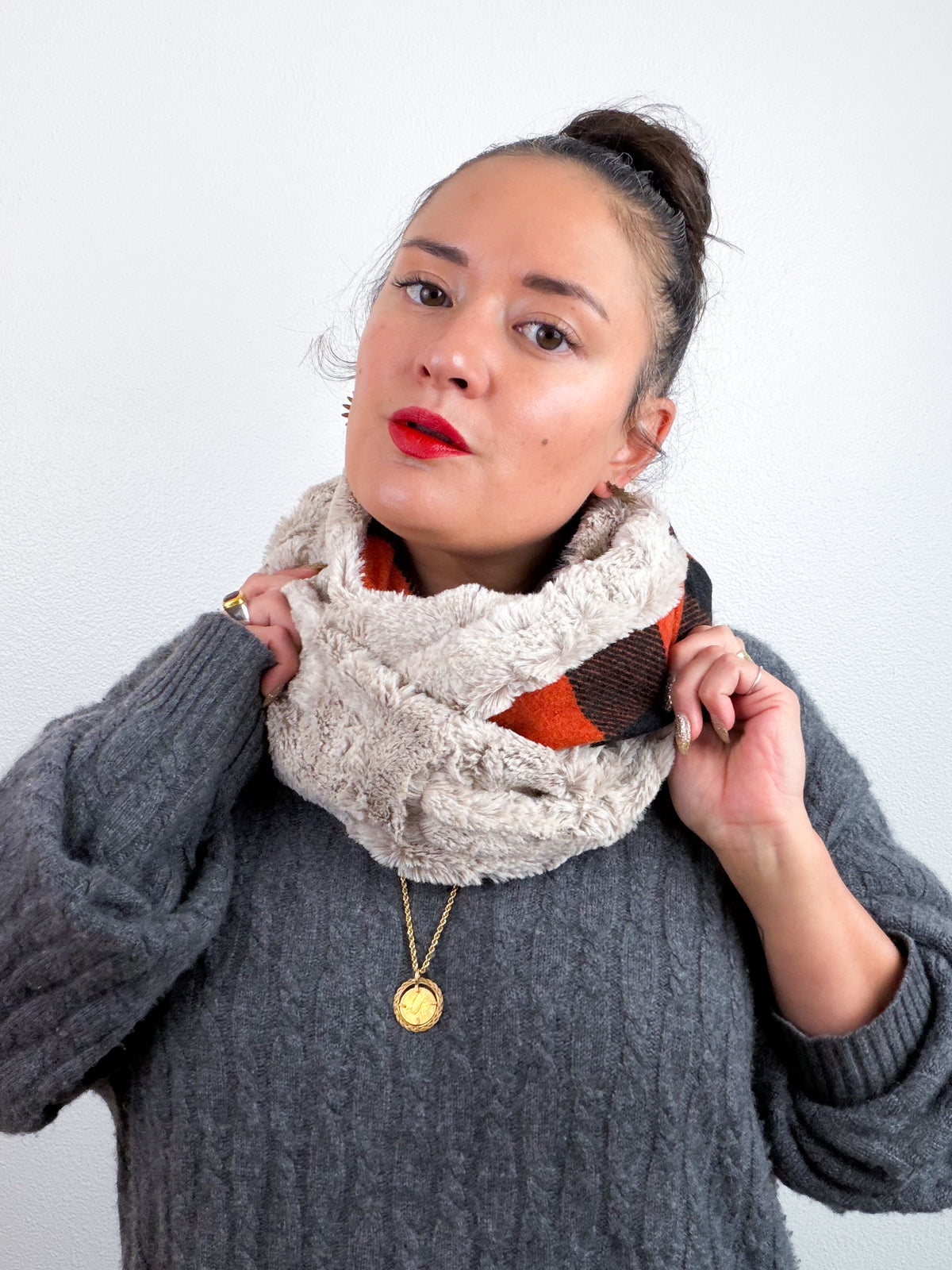 Faux Fur Circle Scarf Latte Rust Check