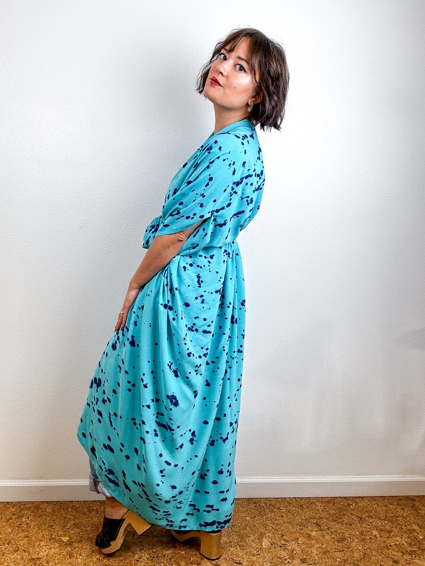 Hand-Dyed High Low Kimono Aqua Indigo Speckle