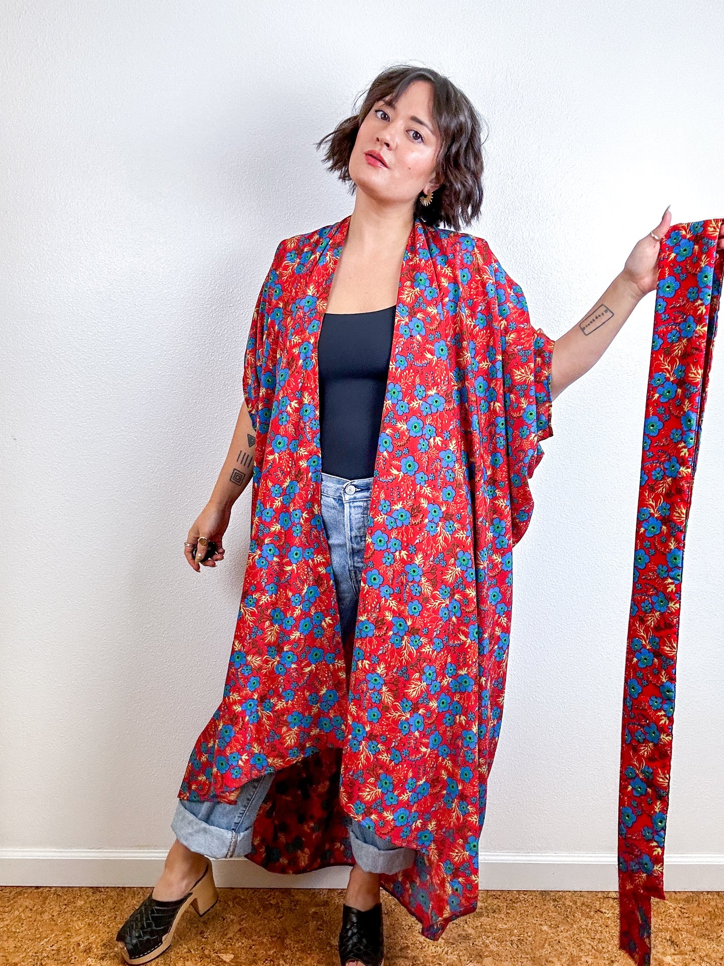 Print High Low Kimono Red Mini Floral Crepe de Chine