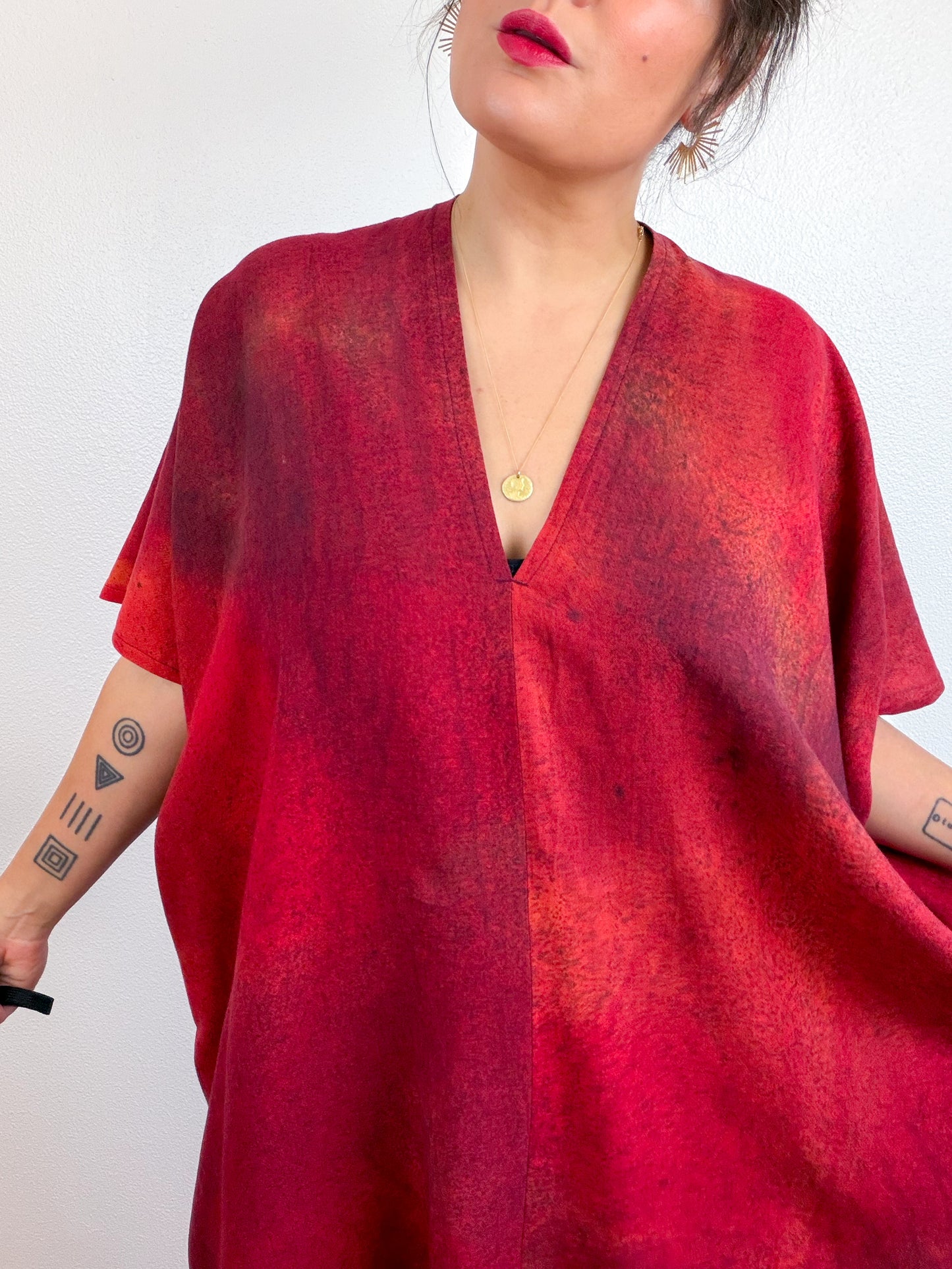 Hand-Dyed Linen Blend Caftan Dress Crimson Fuchsia Maroon Gradient