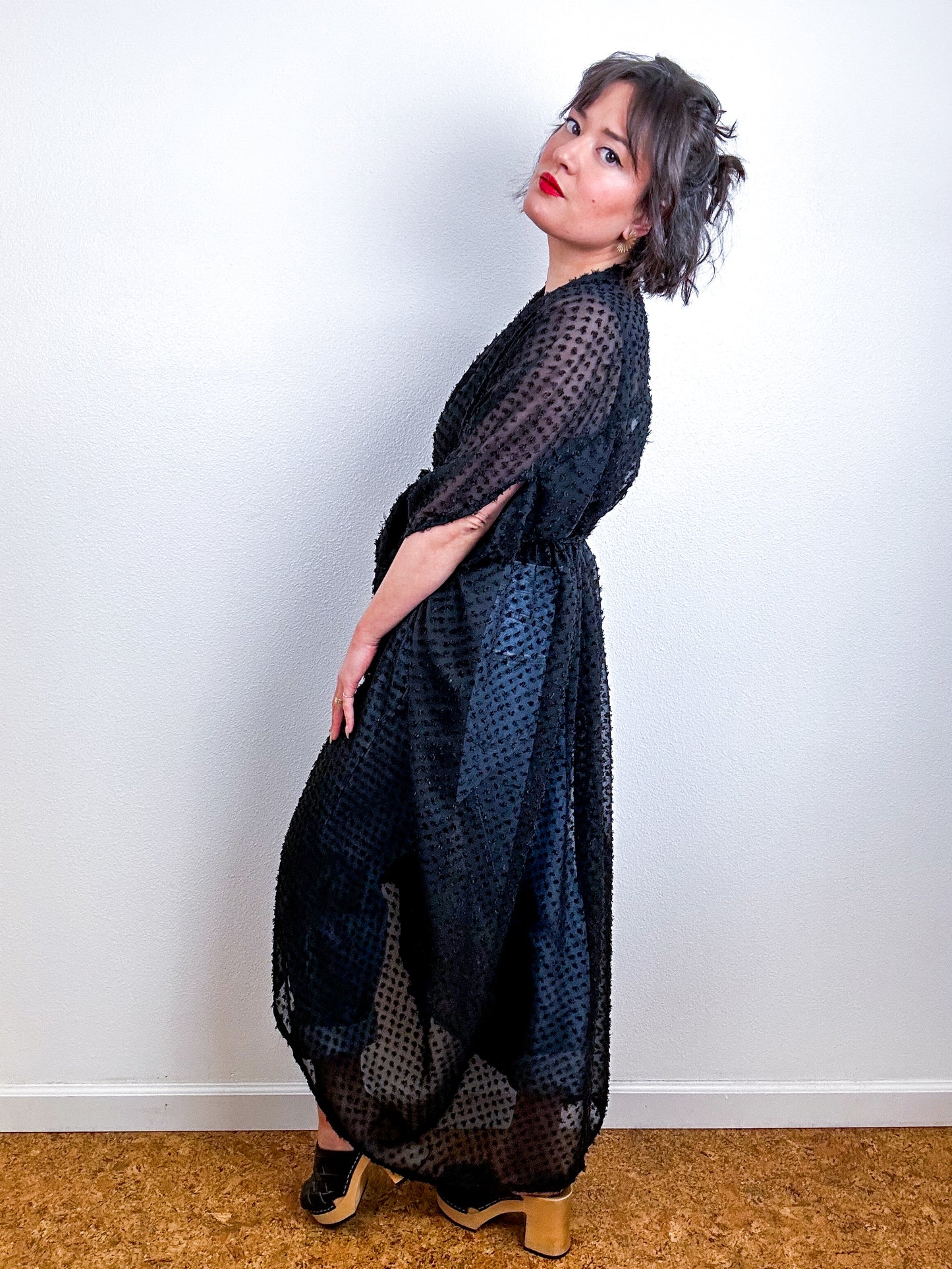 Solid High Low Kimono Black Boucle Dot Chiffon