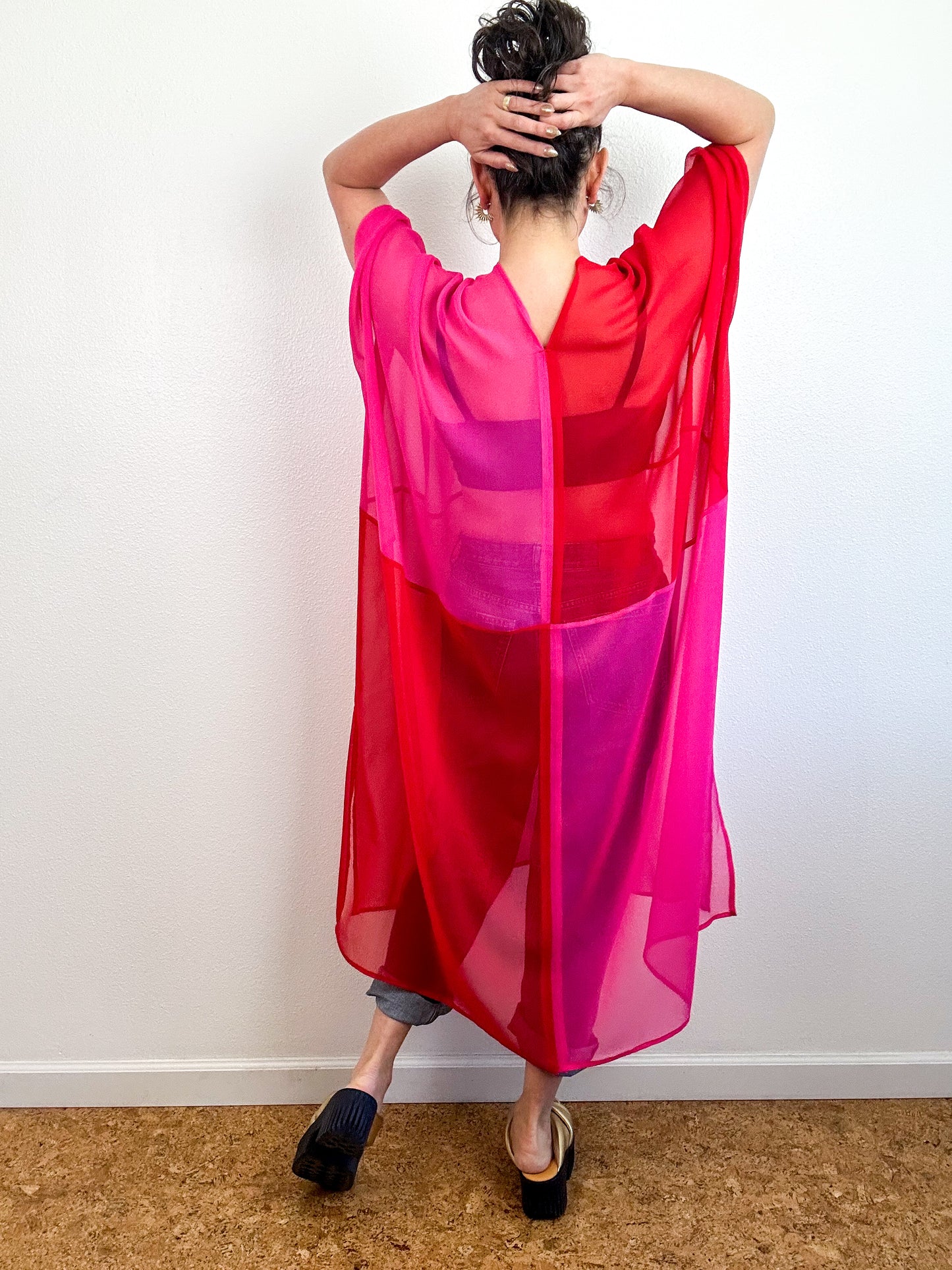 SILK Color Block Midi Caftan Dress Fuchsia Red