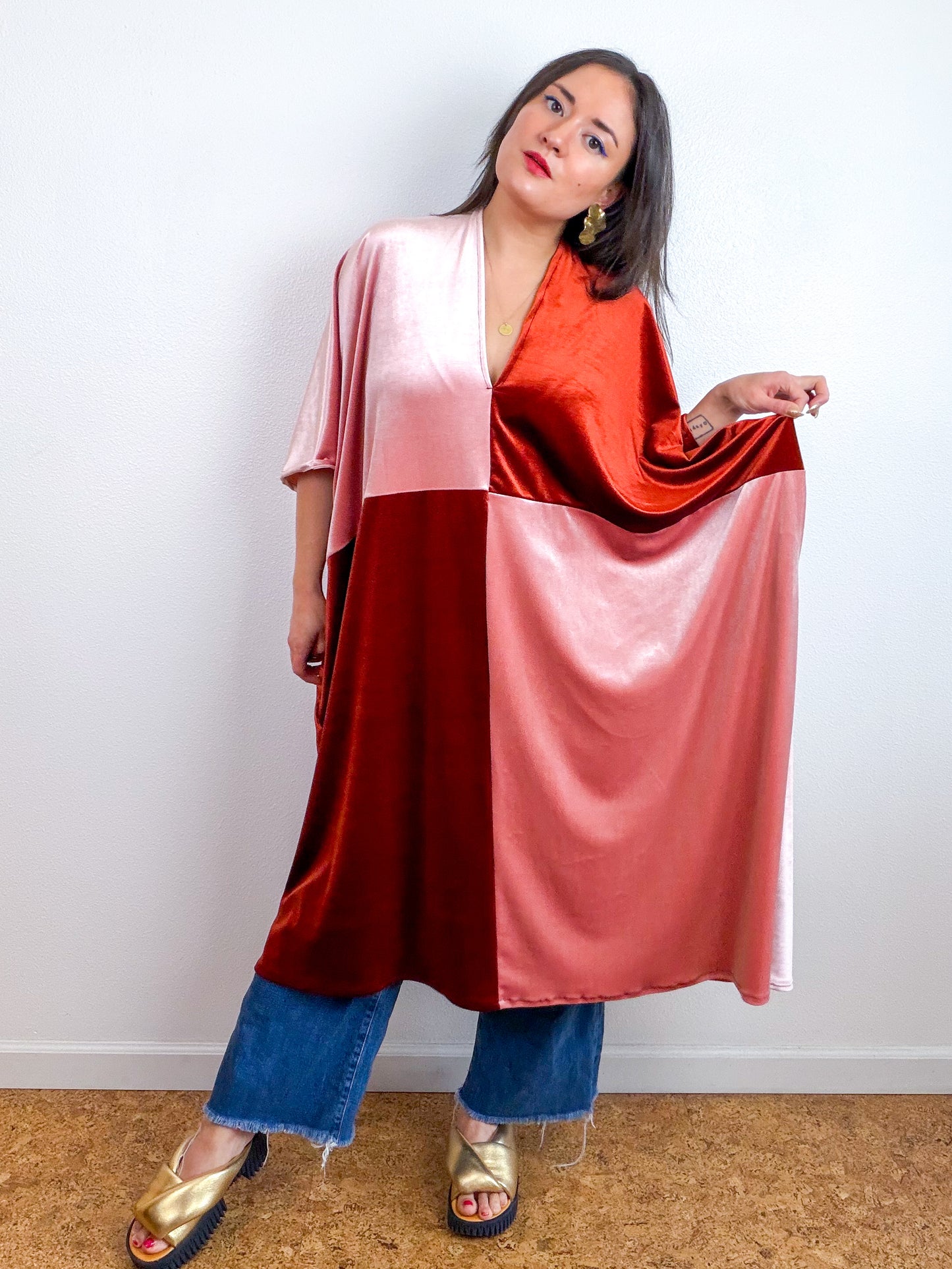 Velvet Caftan Dress Rust Blush Color Block