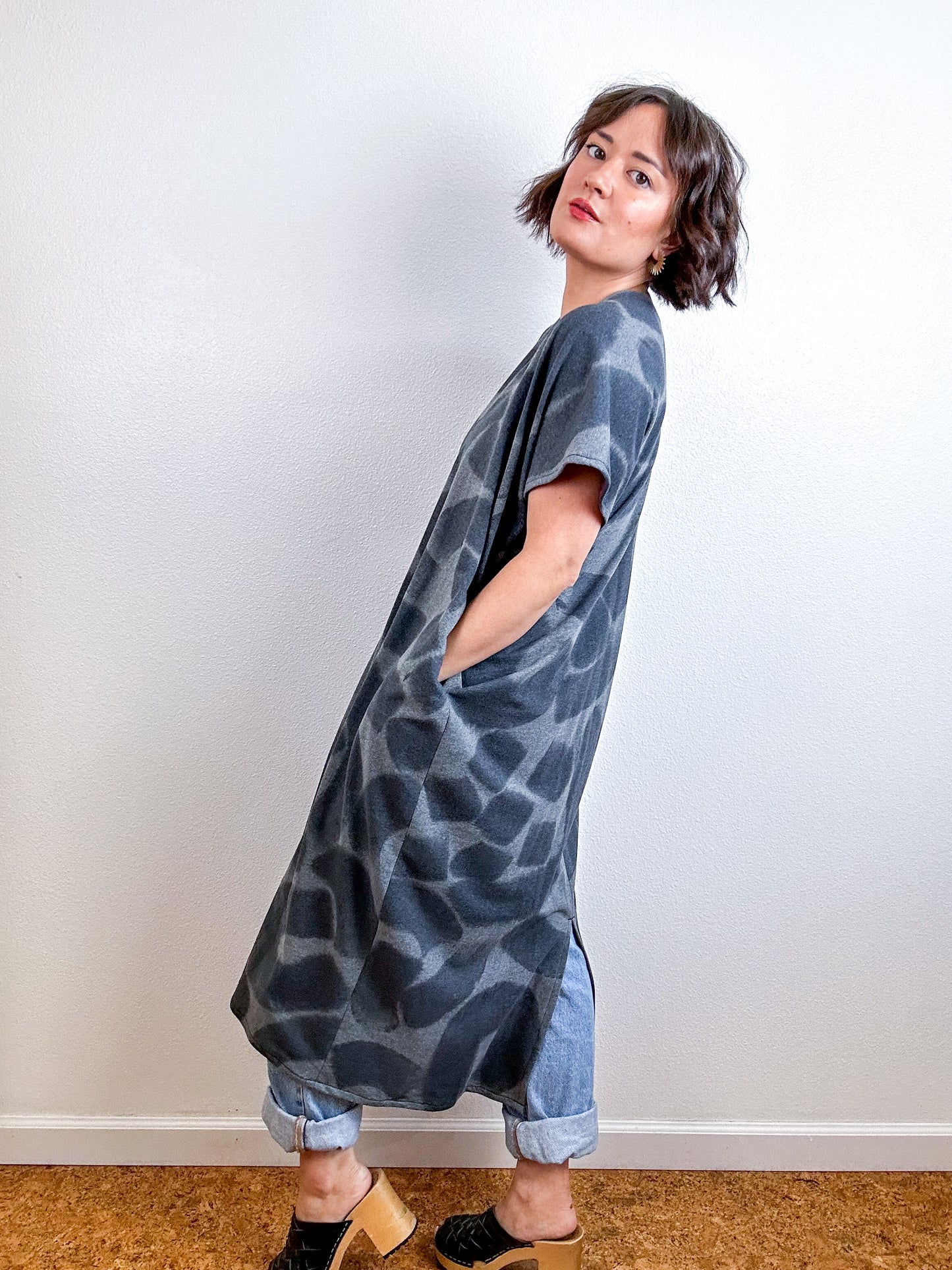 Hand-Dyed Midi Sweatshirt Smock Dress Charcoal Doodle