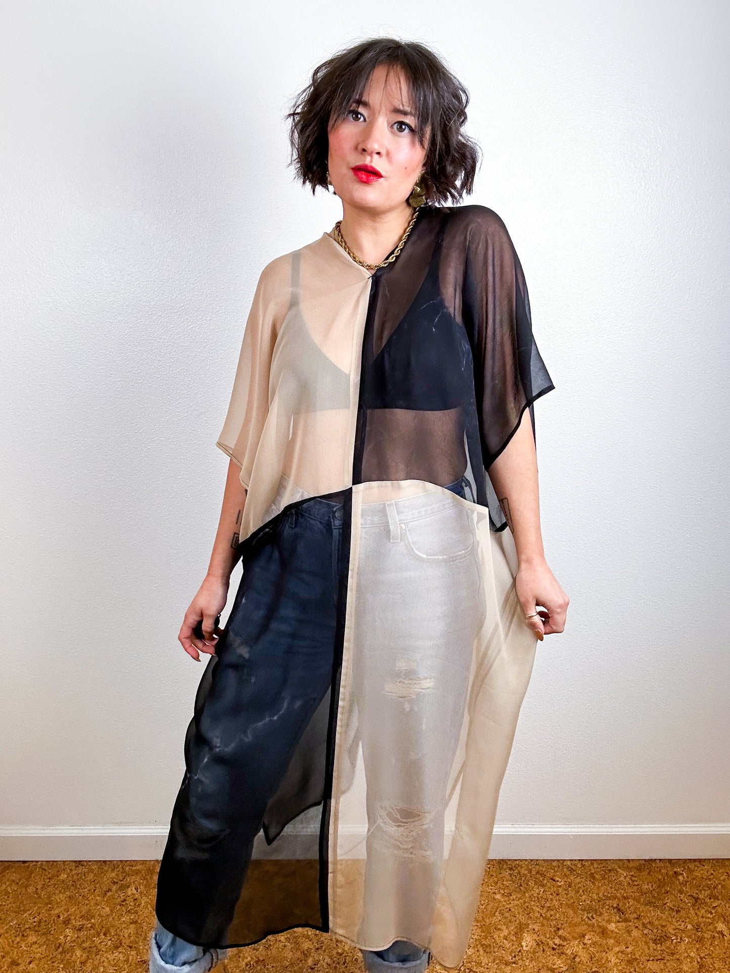 SILK Color Block Midi Caftan Dress Fawn Black