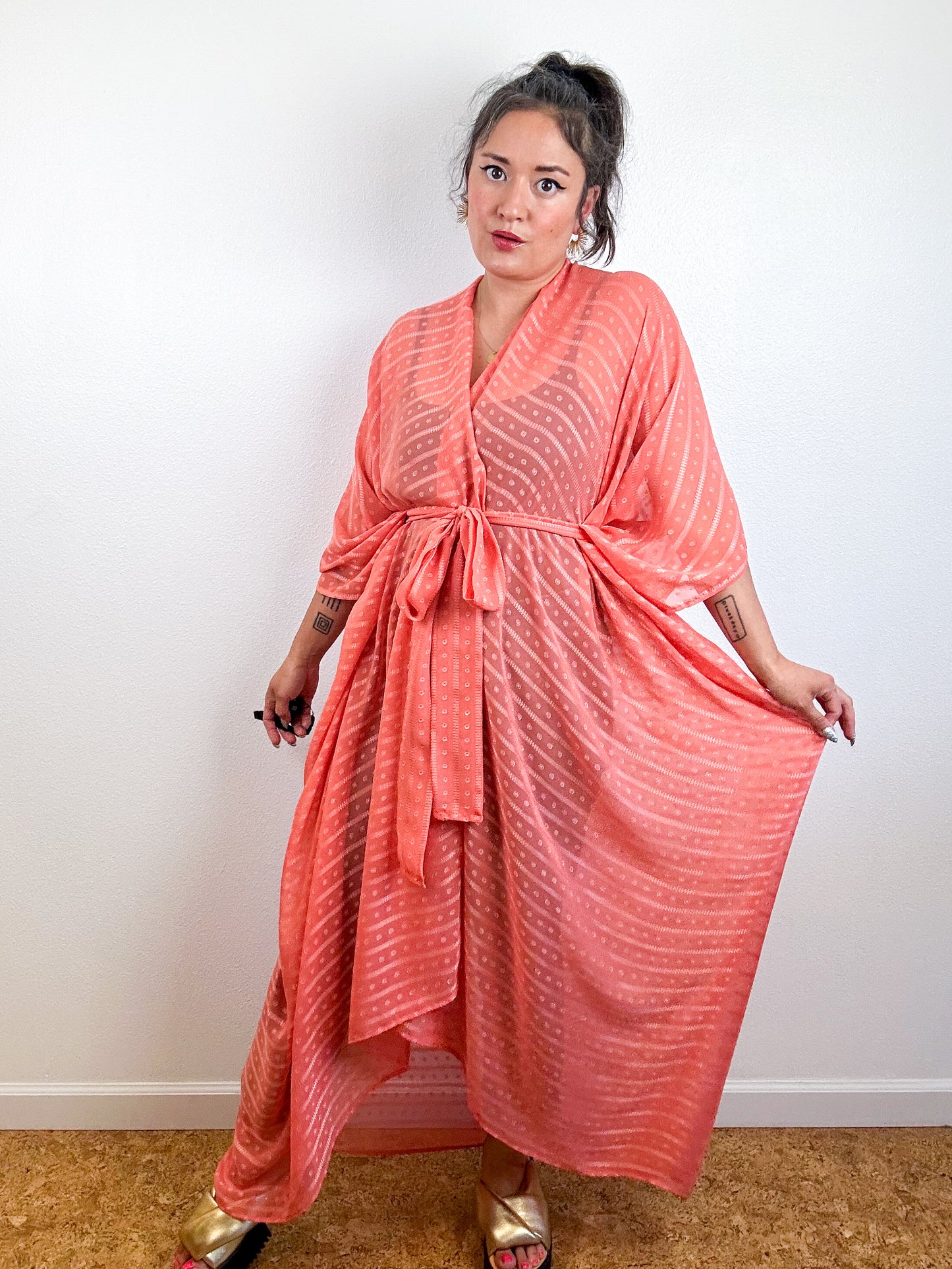 Print High Low Kimono Coral Dots Stripes Chiffon