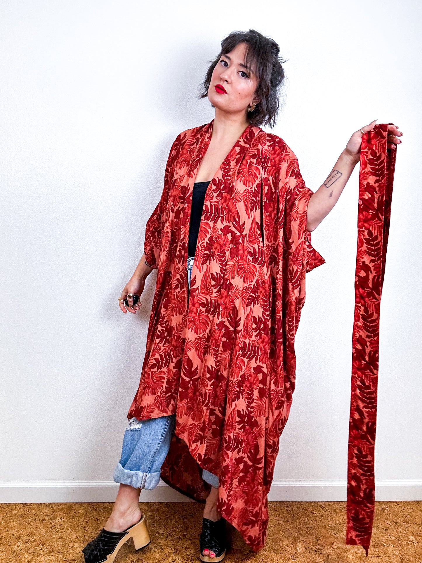 Print High Low Kimono Rust Leaves Challis