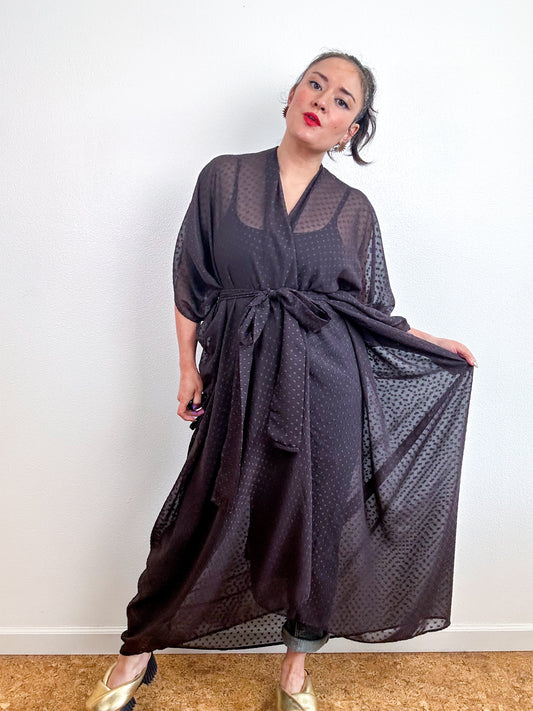 Print High Low Kimono Brown Swiss Dot Chiffon