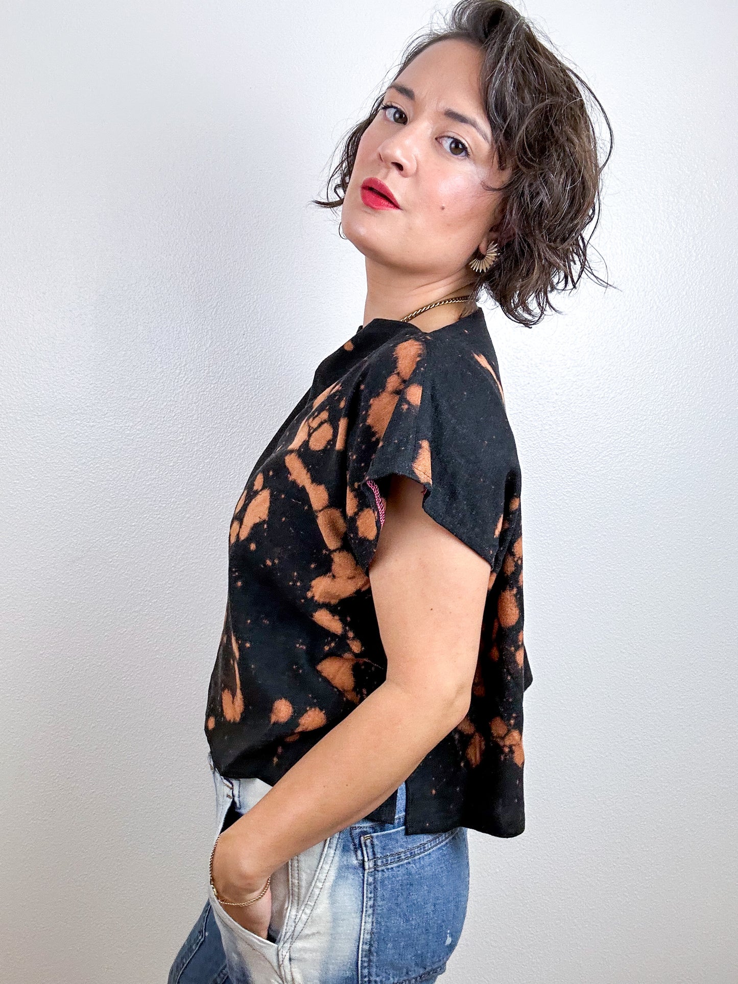 Hand-Dyed Linen Blend Crop Bleach Speckle Black Rust