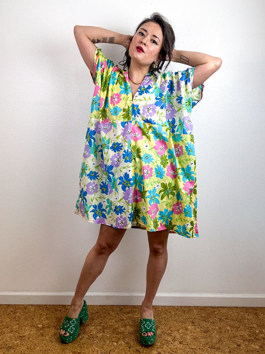 Color Block Mini Caftan Dress Blue Yellow Floral