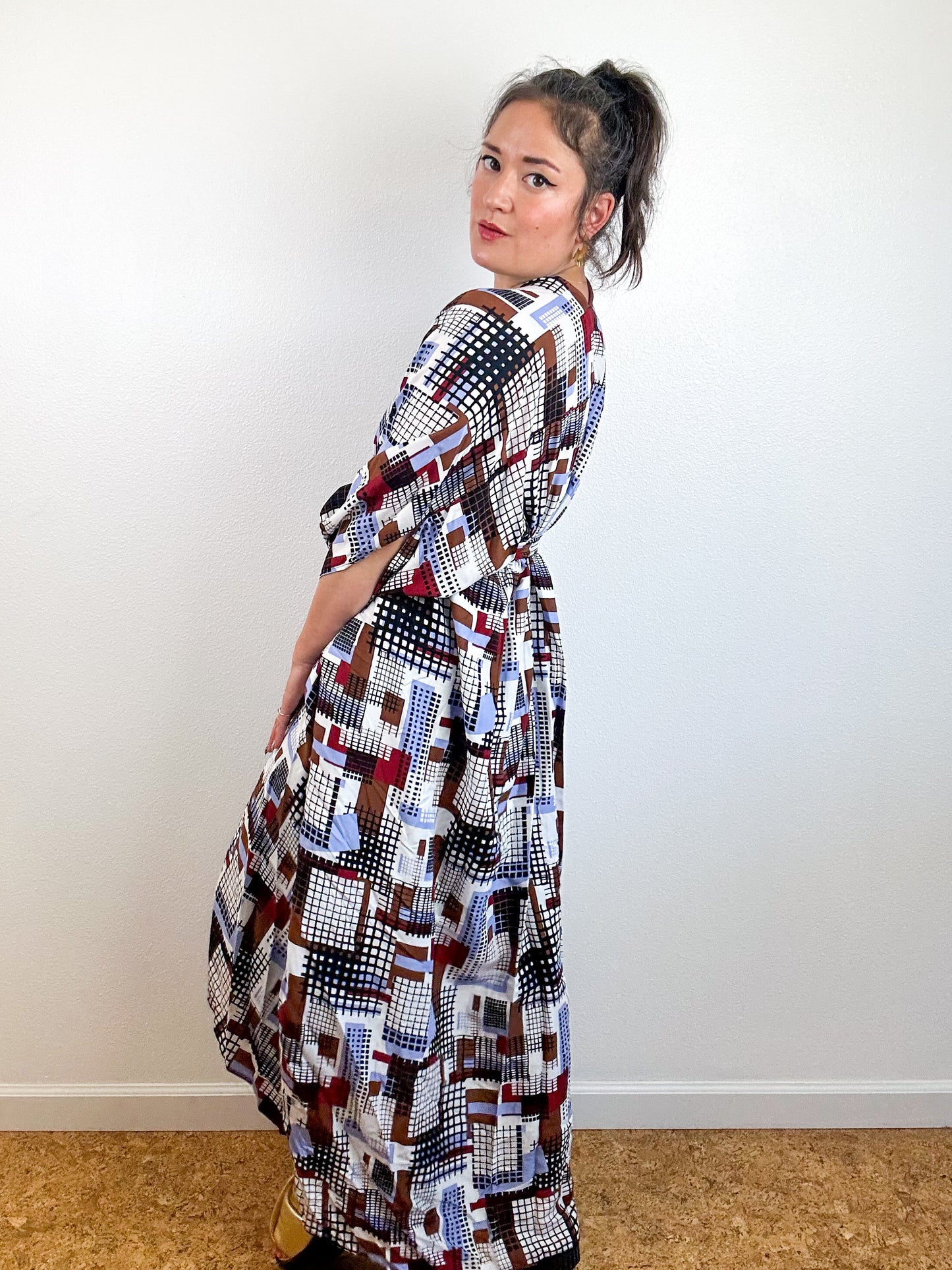 Print High Low Kimono Blue Maroon Grid Challis