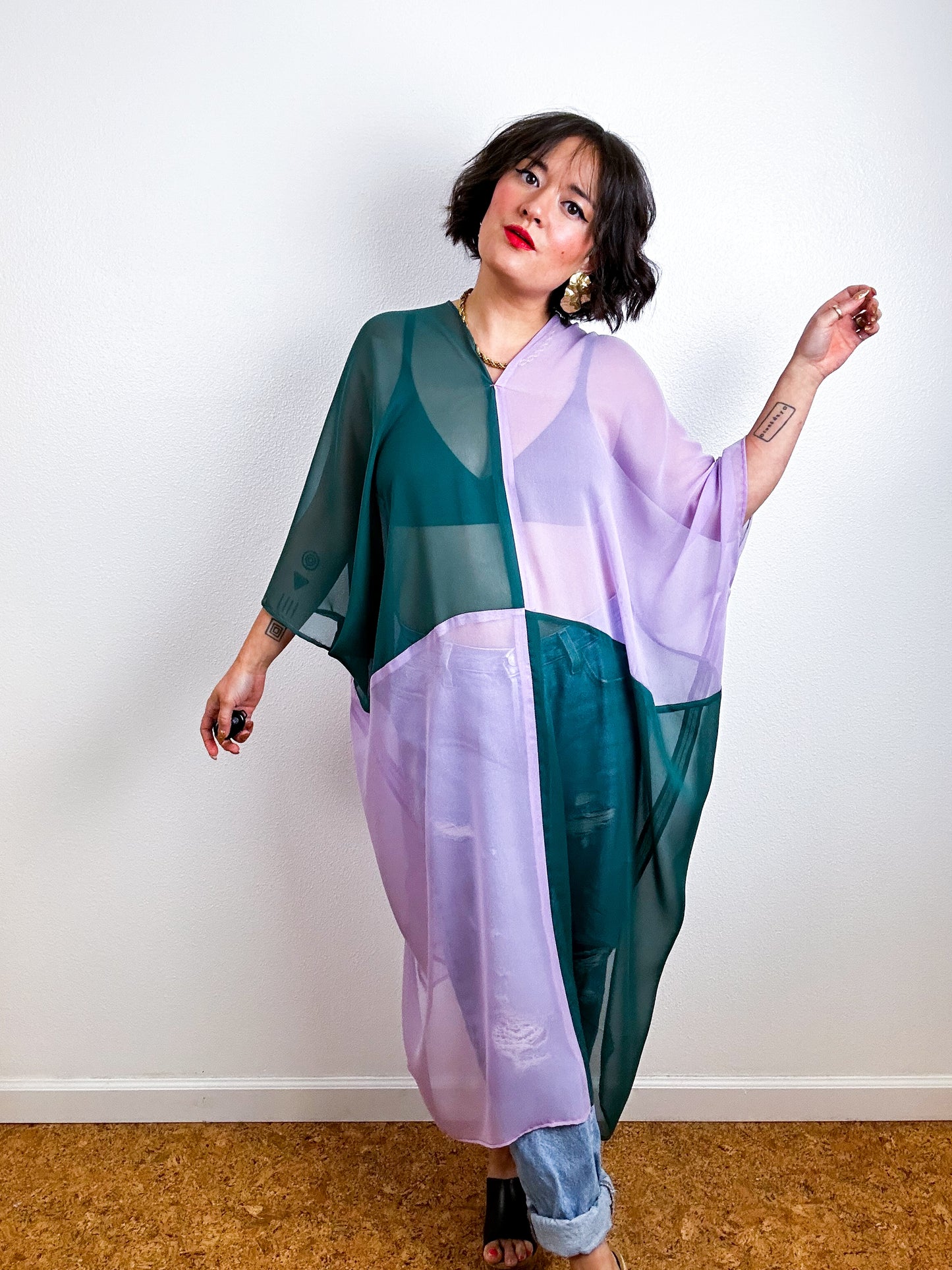 SILK Color Block Midi Caftan Dress Teal Lavender