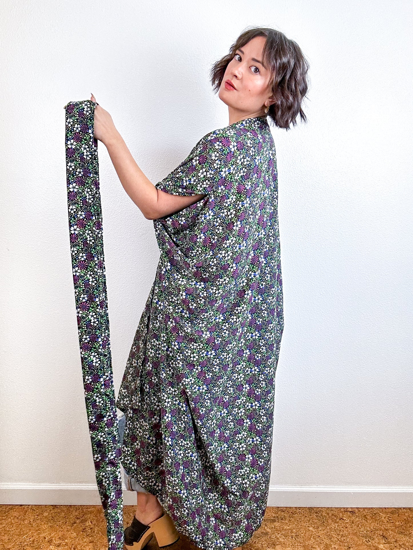 Print High Low Kimono Black Purple Mini Floral Crepe de Chine