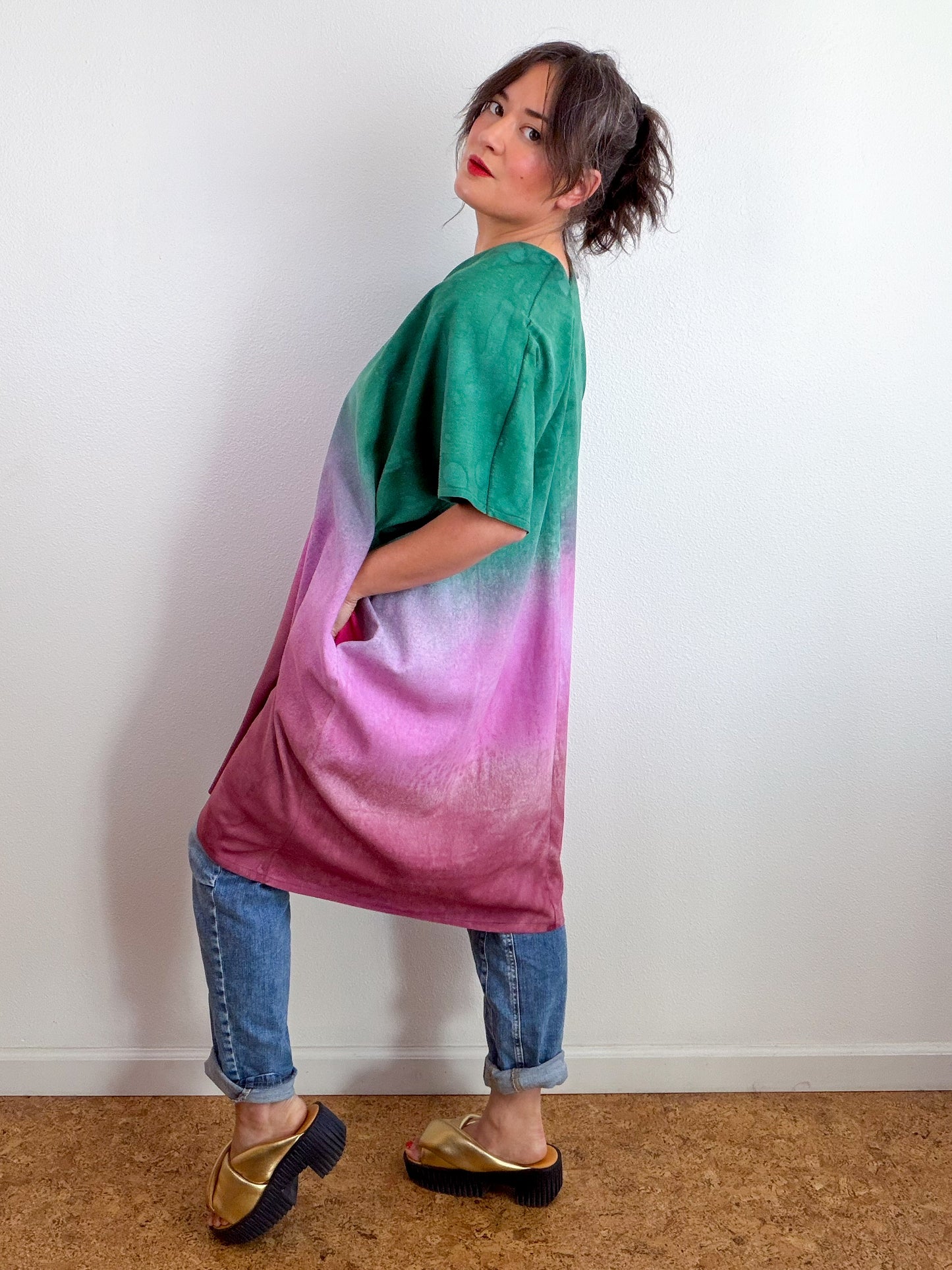 Hand-Dyed Linen Blend Caftan Dress Forest Peony Madrone Gradient