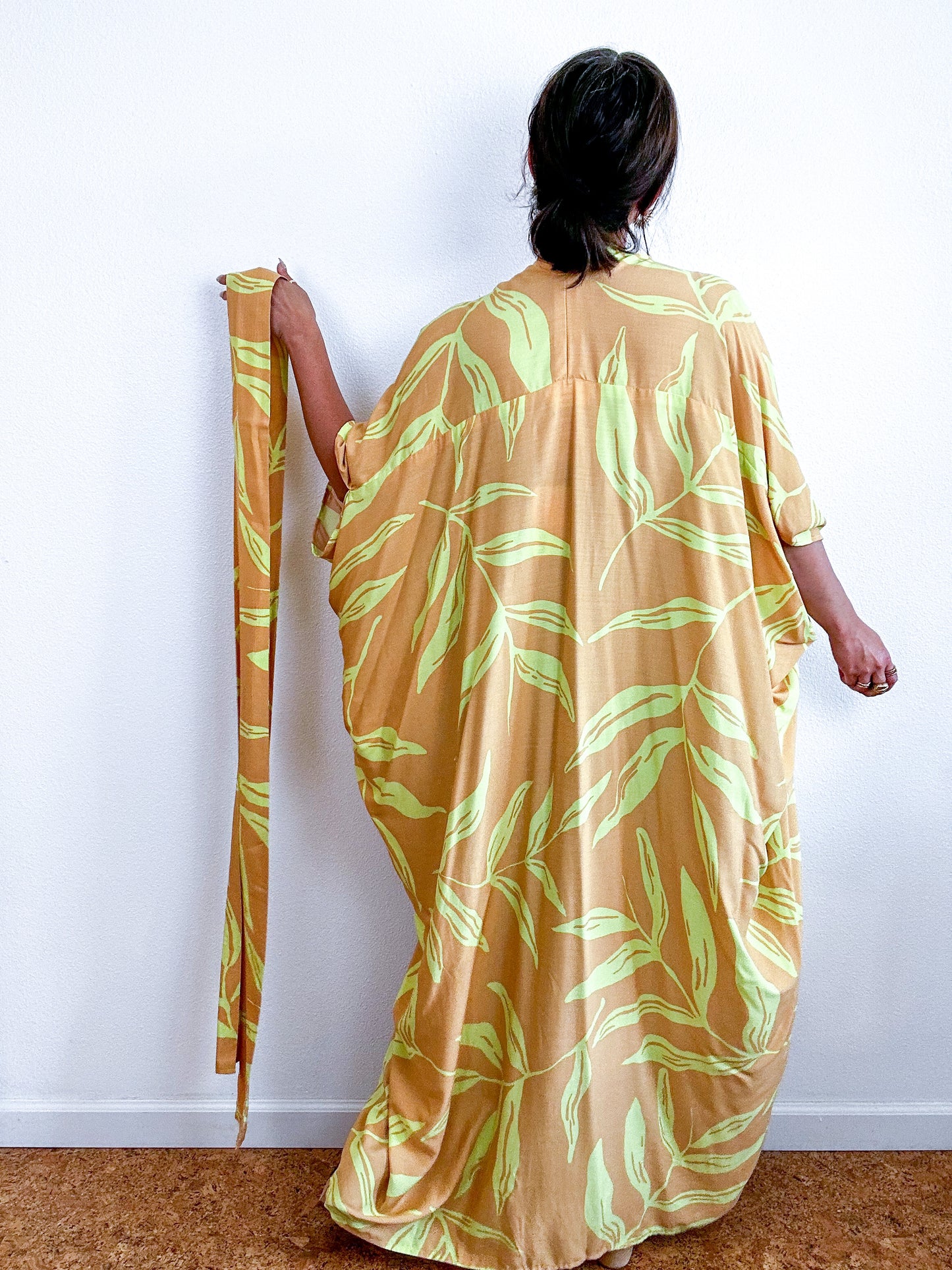 Print High Low Kimono Citron Leaves Challis