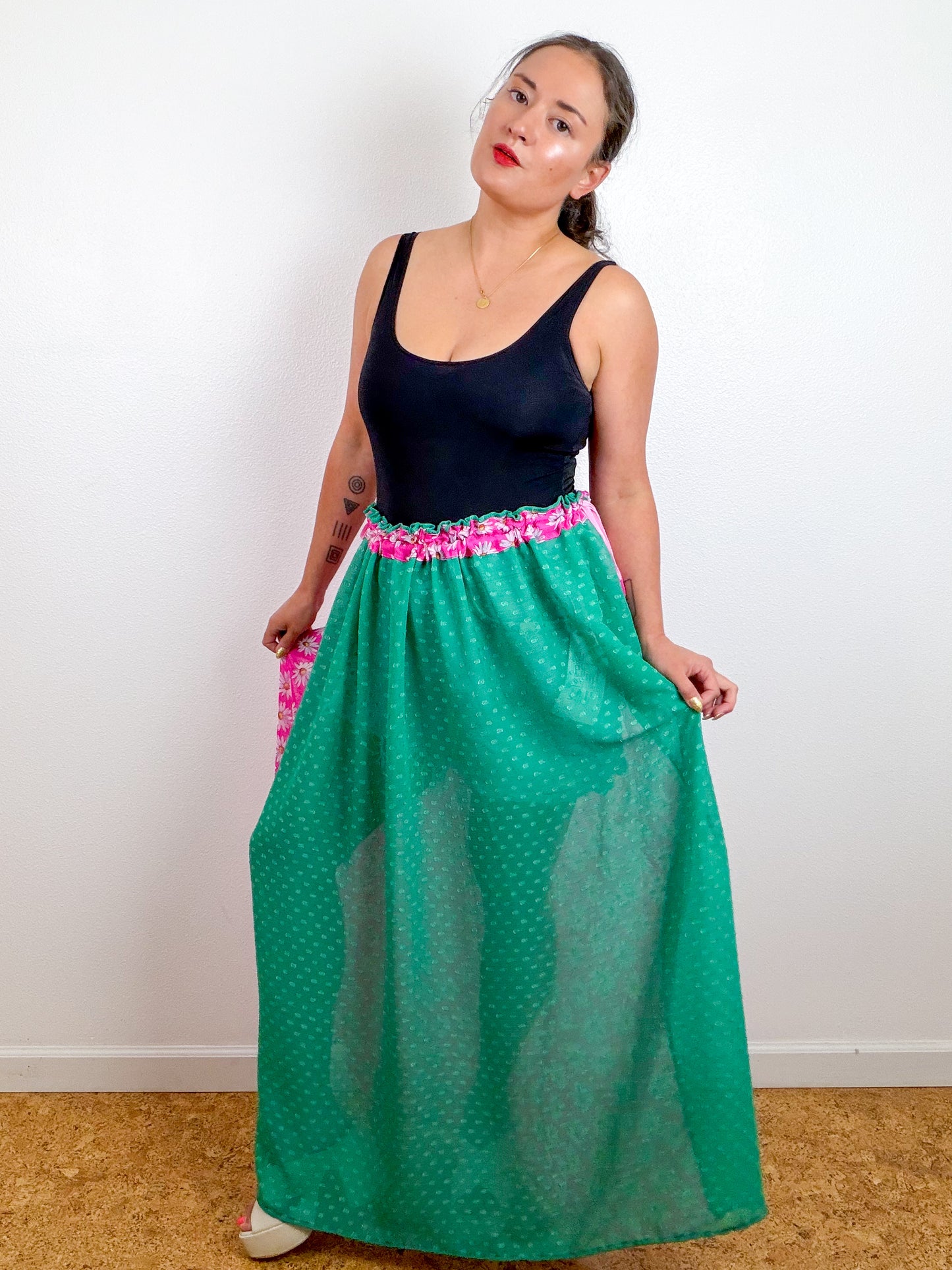 THE SKIRT Light Pink Daisy Green Swiss Dot Reversible Chiffon