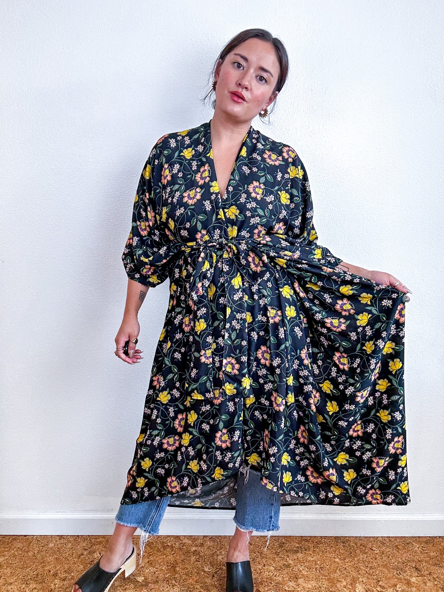 Print High Low Kimono Black Floral Vine Challis