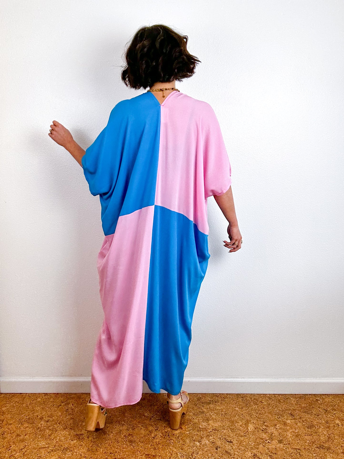 Color Block Midi Caftan Dress Turquoise Pink
