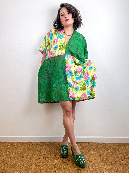 Color Block Mini Caftan Dress Green Lace Yellow Floral