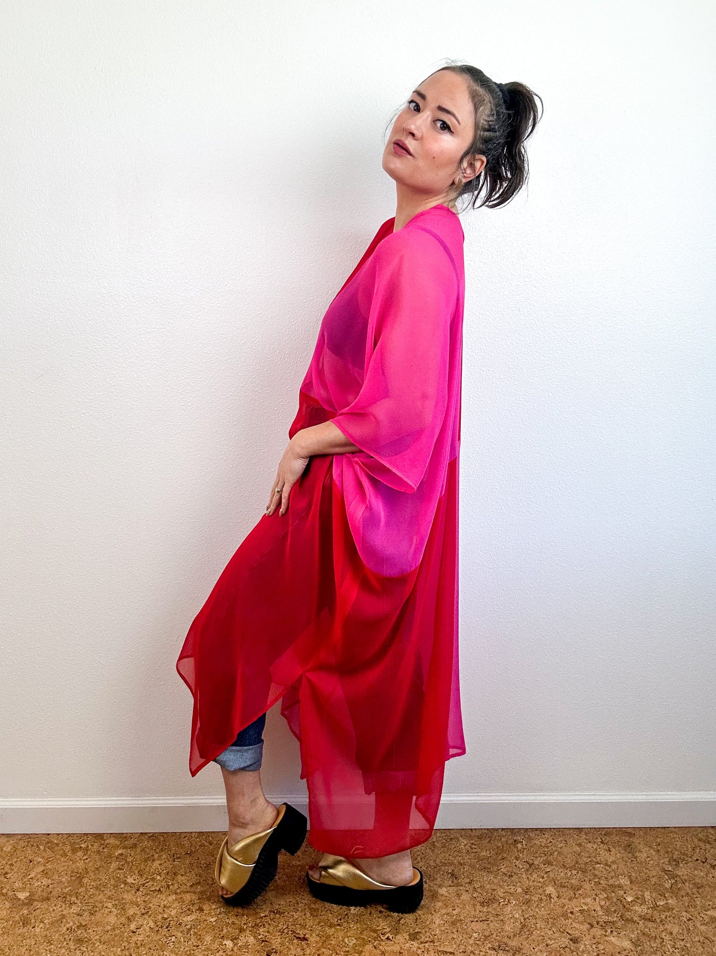 SILK Color Block Midi Caftan Dress Fuchsia Red