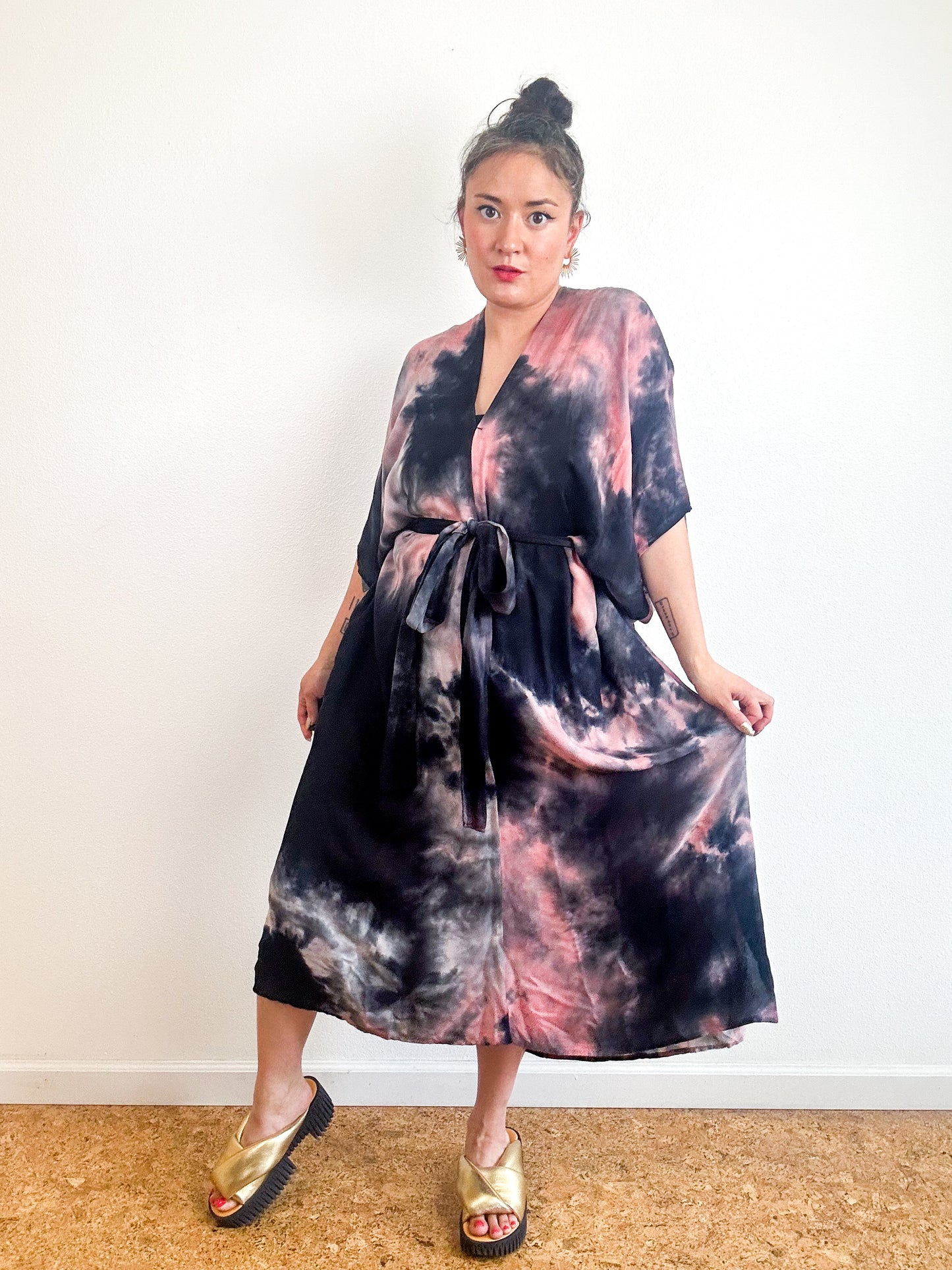 Hand-Dyed Bamboo Tie Caftan Coral Blacl Watercolor
