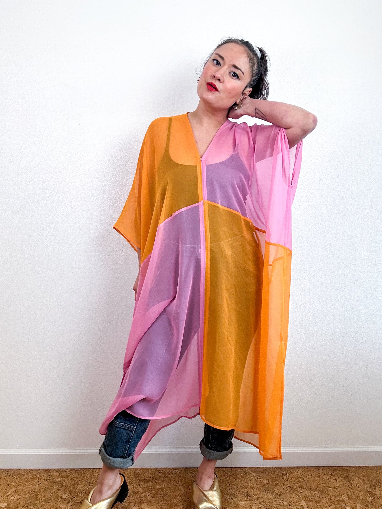 SILK Color Block Midi Caftan Dress Pink Orange