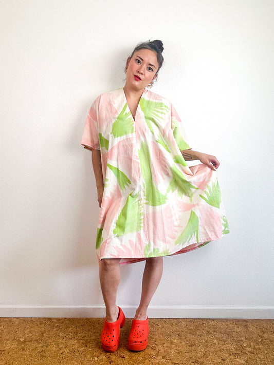 Hand-Dyed Knee Caftan Dress Lime Peach