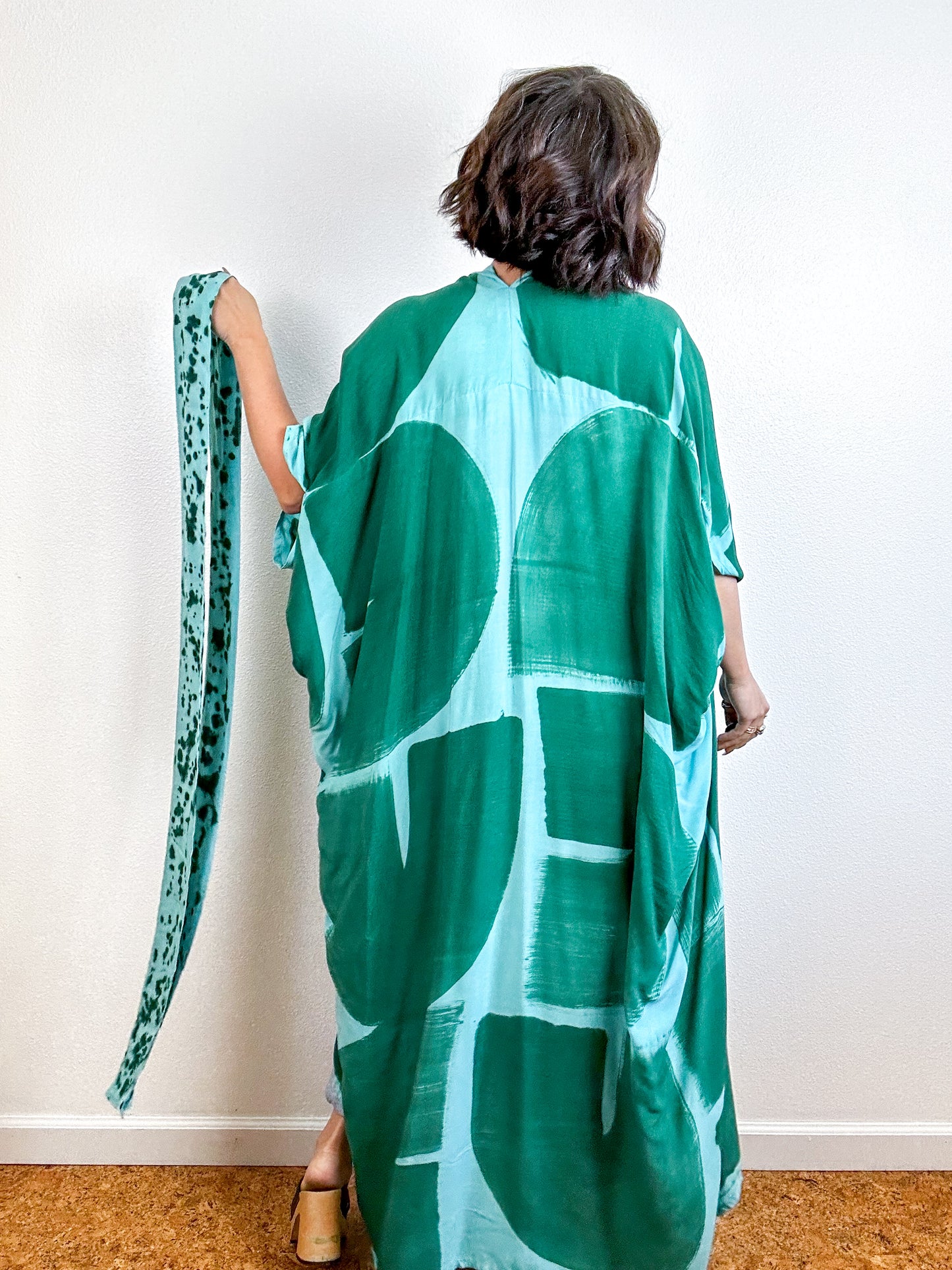 Hand-Dyed High Low Kimono Aqua Forest Brushstroke