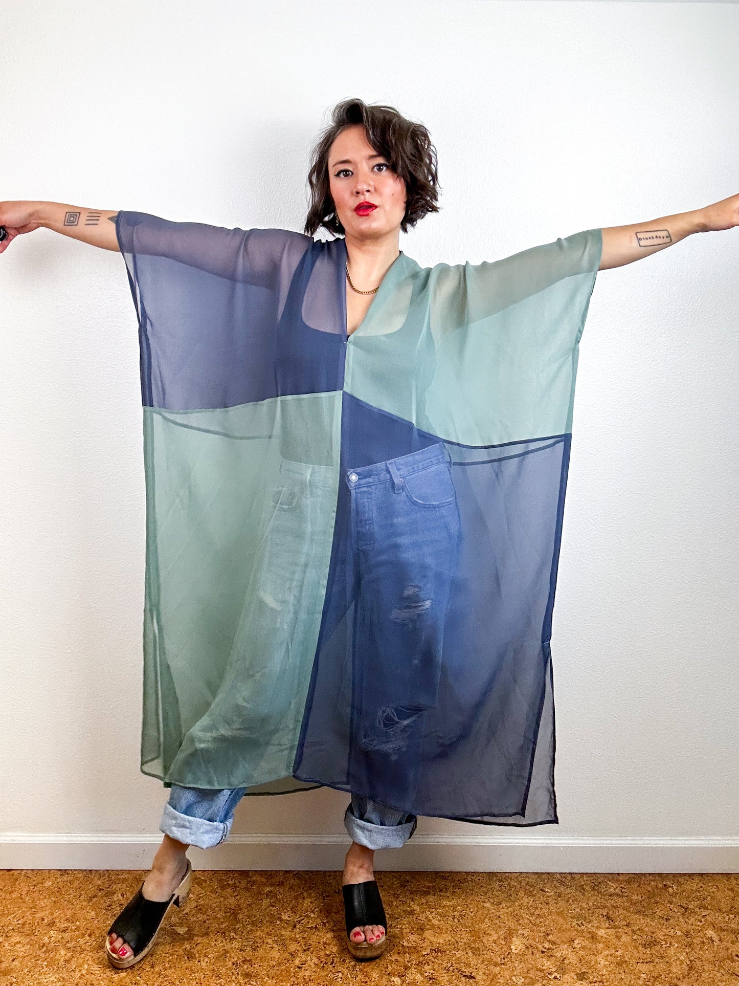 SILK Color Block Midi Caftan Dress Steel Sage