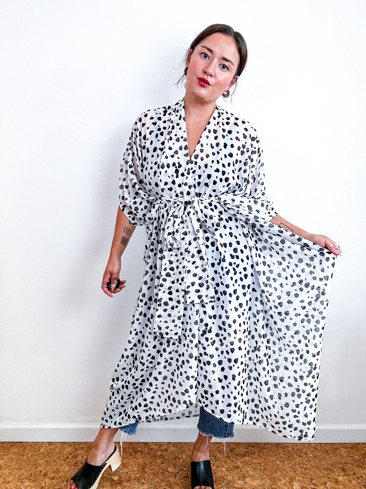Print High Low Kimono White Black Leopard Dot Chiffon