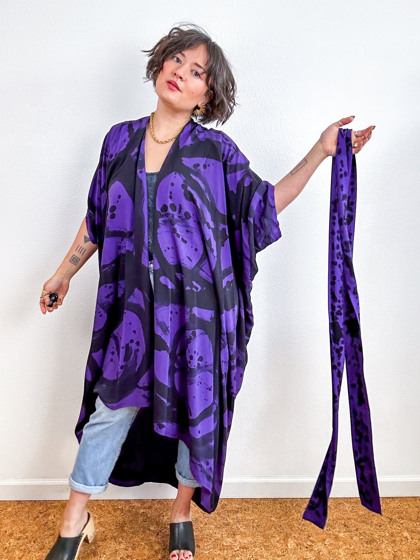 Hand-Dyed High Low Kimono Purple Black Sumi