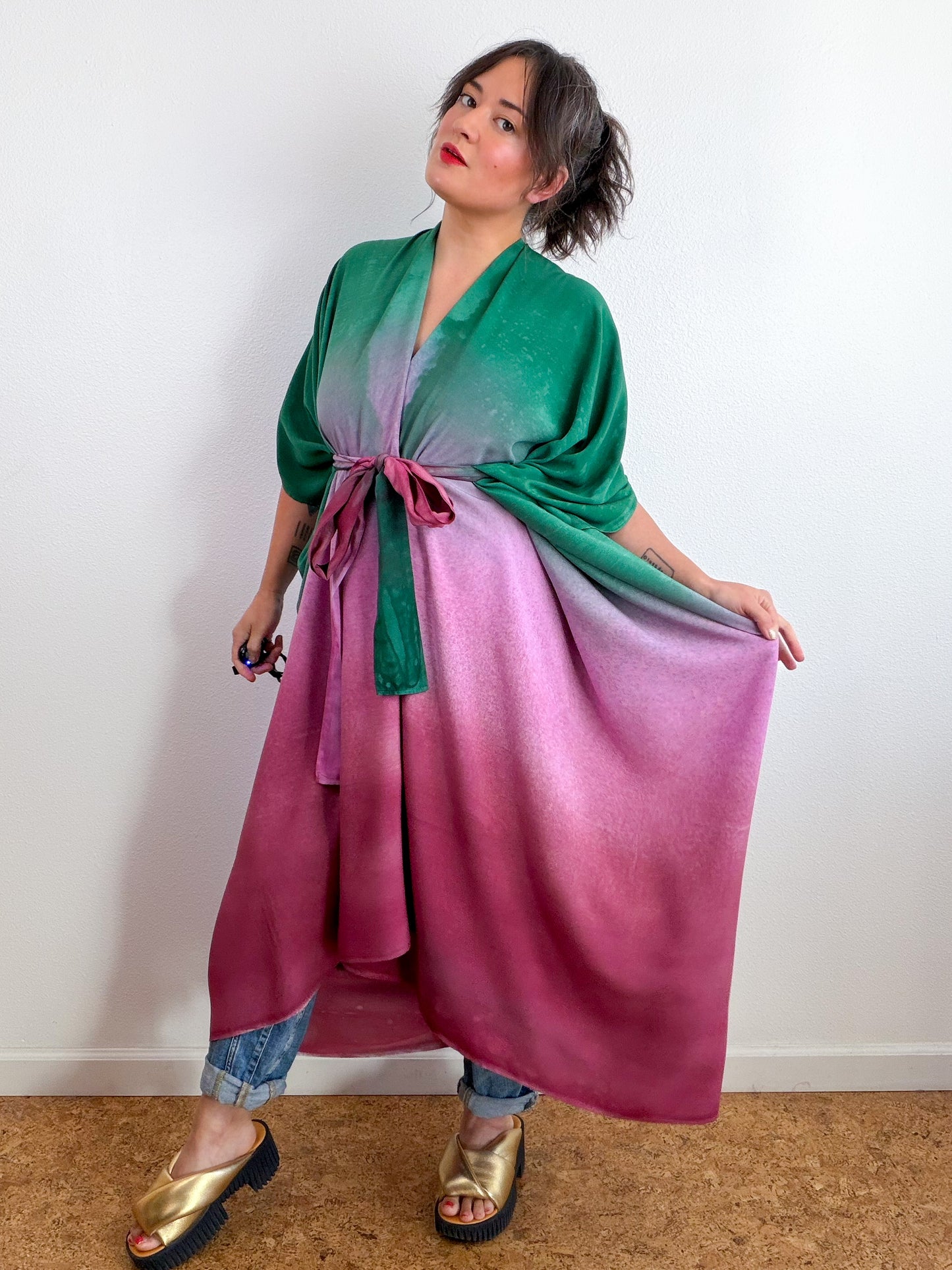 Hand-Dyed High Low Kimono Forest Peony Madrone Gradient